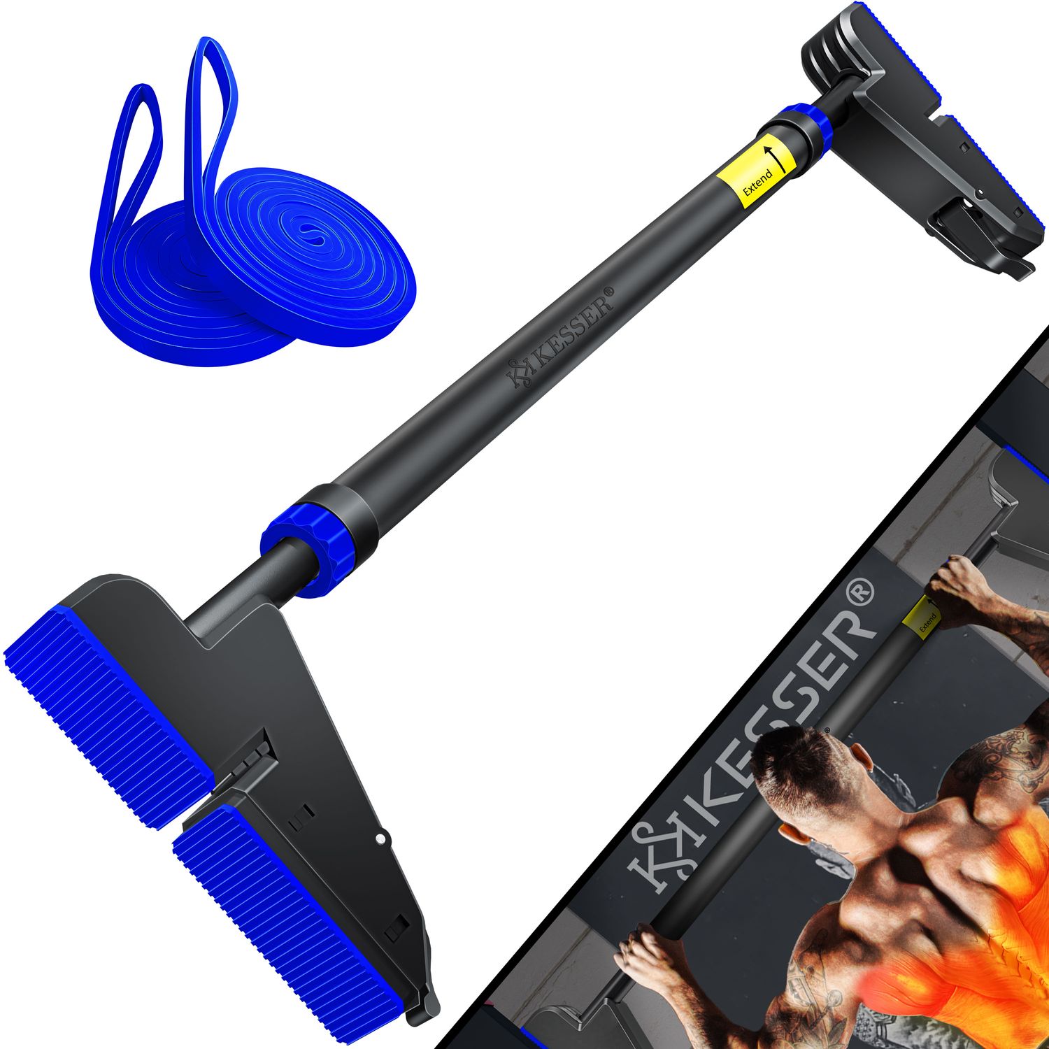 KESSER&reg; Klimmzugstange T&uuml;rrahmen verstellbar, Pull Up Bar Heimturnhalle, Reckstange ohne Schrauben/Bohren, 76-112 cm Ausziehbar, Tragf&auml;higkeit bis zu 300Kg & rutschfeste Griffe, inkl. Resistenzb&auml;nder 