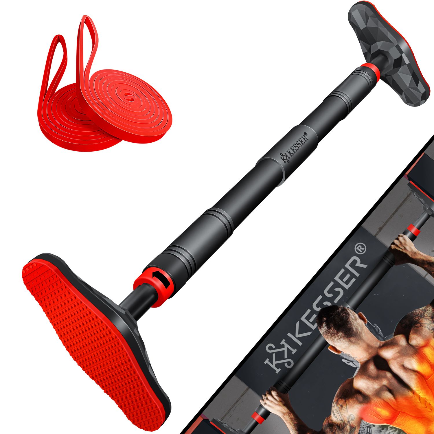 KESSER&reg; Klimmzugstange T&uuml;rrahmen verstellbar, Pull Up Bar Heimturnhalle, Reckstange ohne Schrauben/Bohren, 68-106 cm Ausziehbar, Tragf&auml;higkeit bis zu 300Kg & rutschfeste Griffe, inkl. Resistenzb&auml;nder 