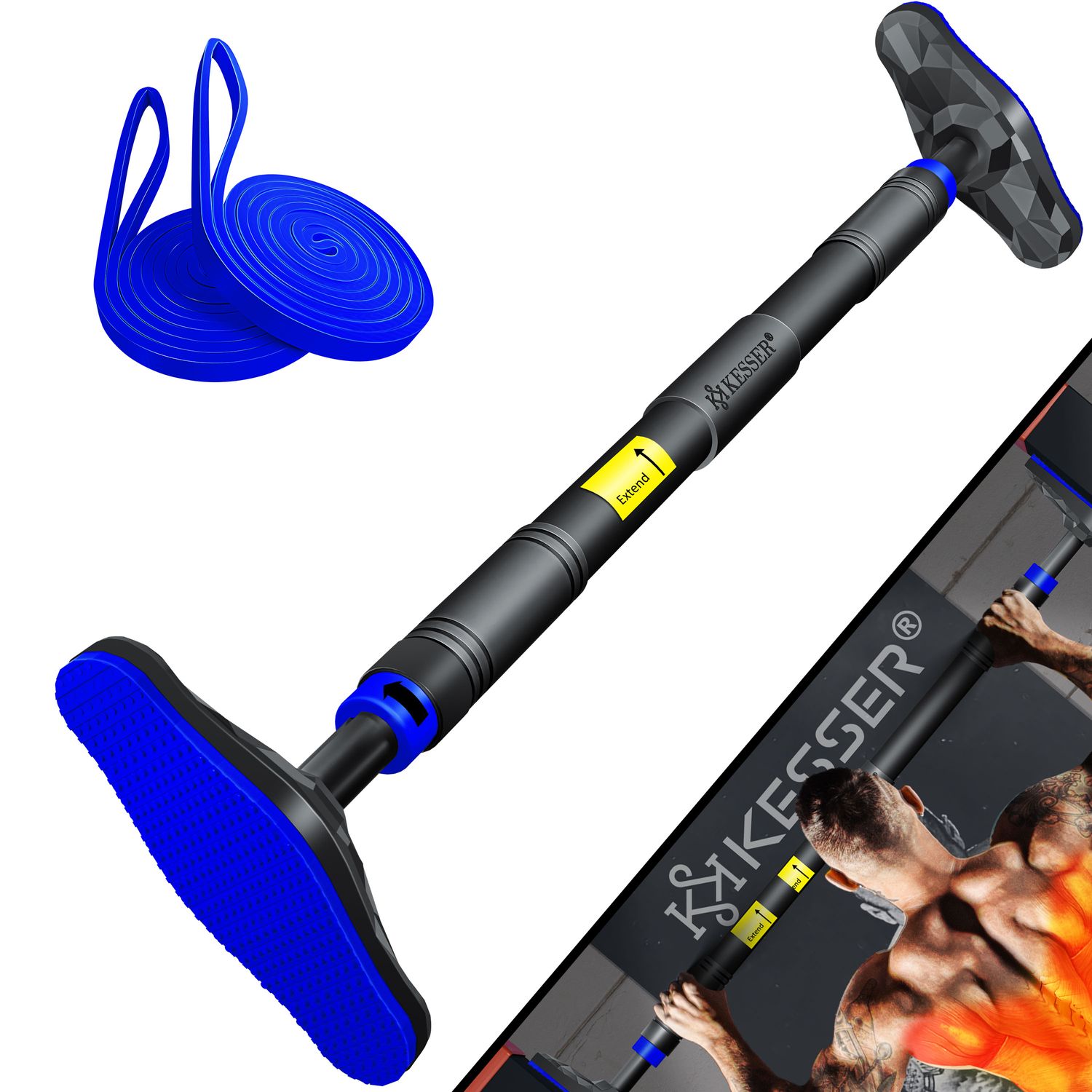 KESSER&reg; Klimmzugstange T&uuml;rrahmen verstellbar, Pull Up Bar Heimturnhalle, Reckstange ohne Schrauben/Bohren, 68-106 cm Ausziehbar, Tragf&auml;higkeit bis zu 300Kg & rutschfeste Griffe, inkl. Resistenzb&auml;nder 