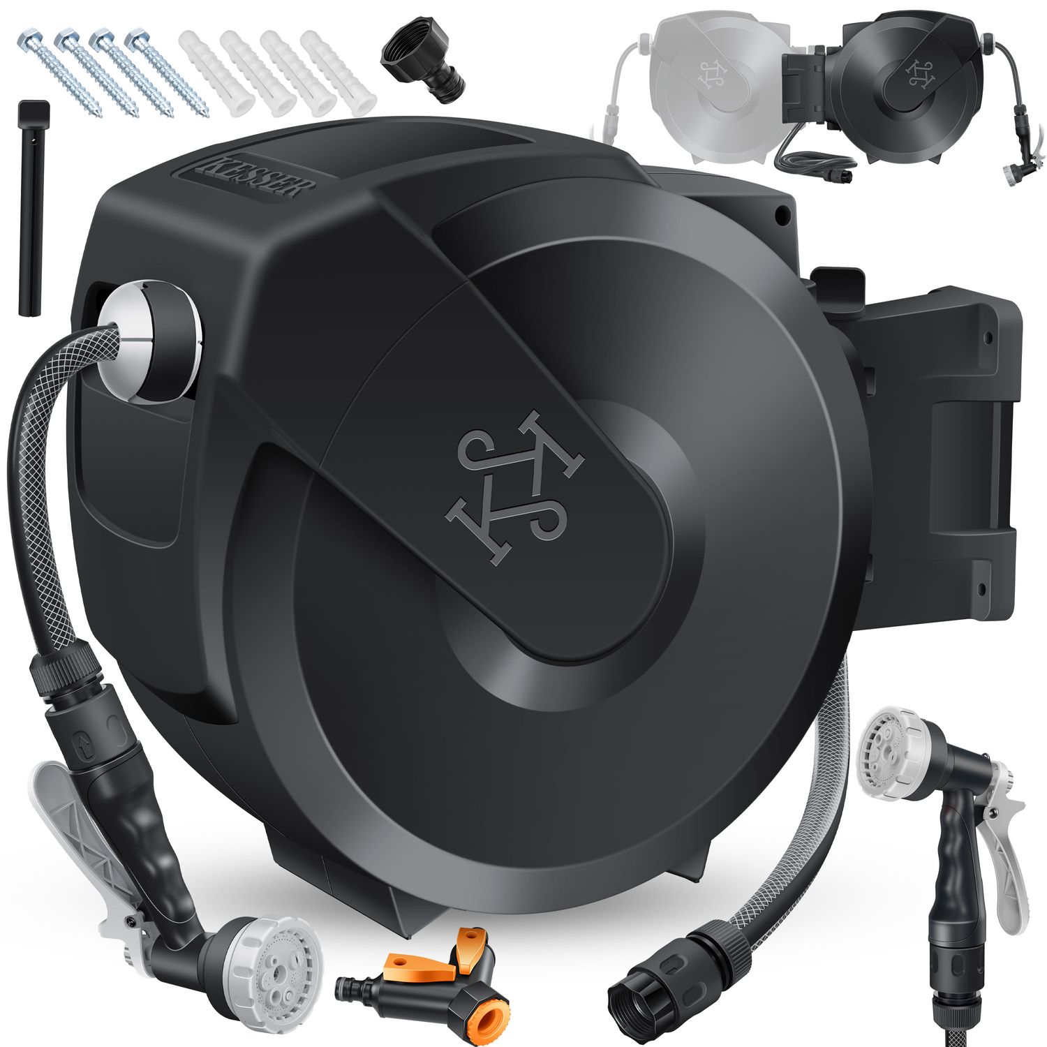 KESSER&reg; Schlauchtrommel mit Gartenschlauch | Wasserschlauchtrommel zur Wandmontage | Wandhalterung | 180&deg; schwenkbar & automatische Aufrollung | Wand-Schlauchbox inkl. 7-Funktionen Handbrause 
