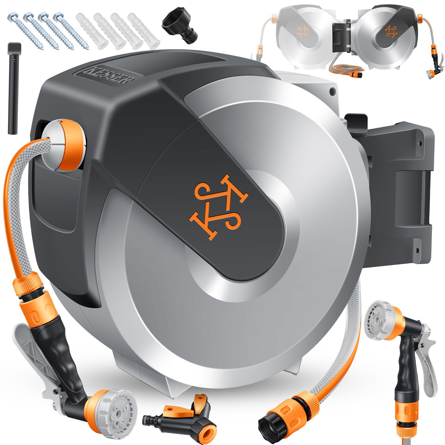 KESSER&reg; Schlauchtrommel mit Gartenschlauch | Wasserschlauchtrommel zur Wandmontage | Wandhalterung | 180&deg; schwenkbar & automatische Aufrollung | Wand-Schlauchbox inkl. 7-Funktionen Handbrause 