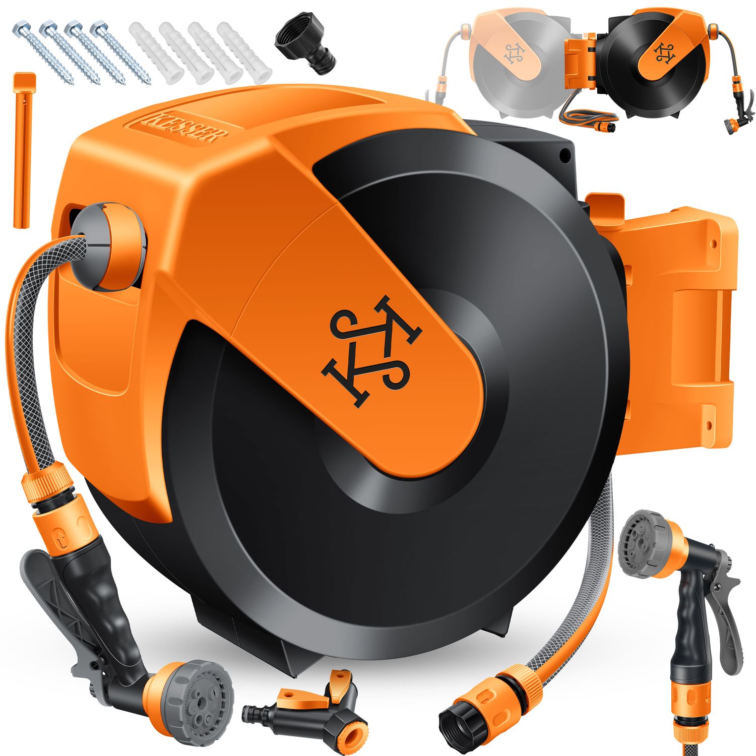KESSER&reg; Schlauchtrommel mit Gartenschlauch | Wasserschlauchtrommel zur Wandmontage | Wandhalterung | 180&deg; schwenkbar & automatische Aufrollung | Wand-Schlauchbox inkl. 7-Funktionen Handbrause 