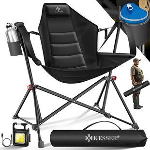 KESSER® Campingstuhl faltbar Schaukelstuhl bis 160 kg | Angelstuhl Faltstuhl Klappstuhl Gepolstert | Campinglicht und Getränkehalter + Tasche mit hoher Rückenlehne | Strandstuhl mit Wippfunktion 