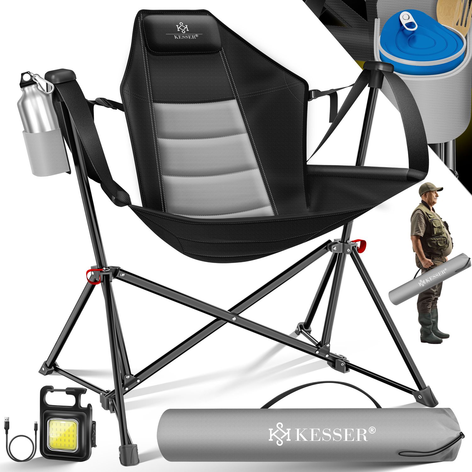 KESSER&reg; Campingstuhl faltbar Schaukelstuhl bis 160 kg | Angelstuhl Faltstuhl Klappstuhl Gepolstert | Campinglicht und Getr&auml;nkehalter + Tasche mit hoher R&uuml;ckenlehne | Strandstuhl mit Wippfunktion 
