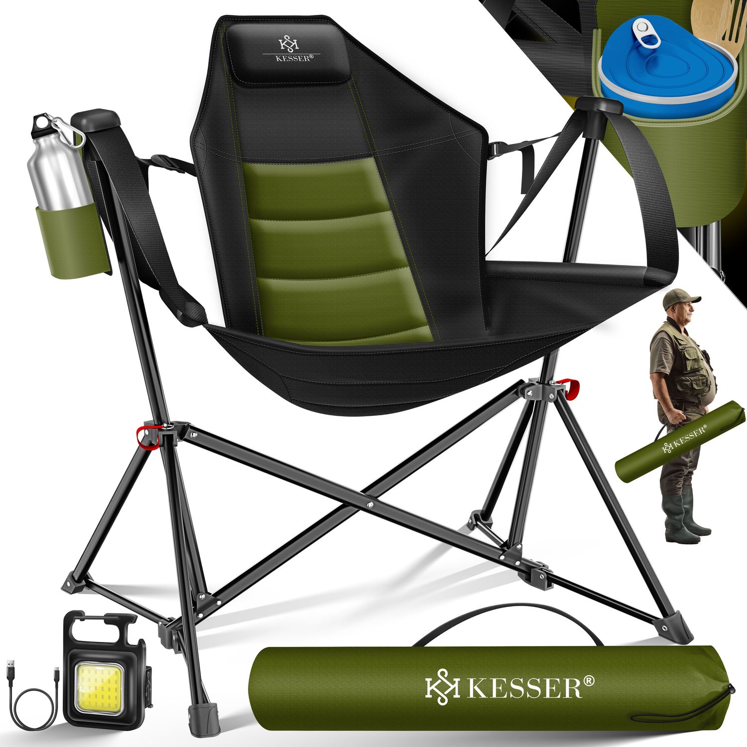 KESSER&reg; Campingstuhl faltbar Schaukelstuhl bis 160 kg | Angelstuhl Faltstuhl Klappstuhl Gepolstert | Campinglicht und Getr&auml;nkehalter + Tasche mit hoher R&uuml;ckenlehne | Strandstuhl mit Wippfunktion 