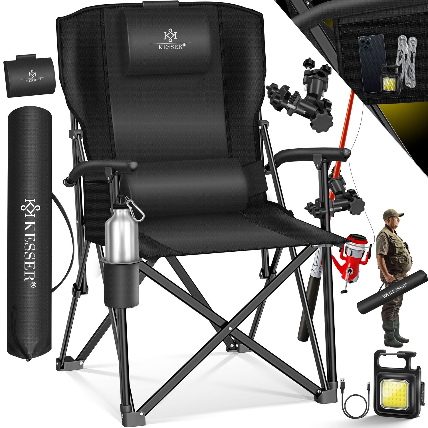 KESSER&reg; Campingstuhl faltbar bis 160 kg | Angelstuhl Faltstuhl Klappstuhl Gepolstert mit Armlehnen | Campinglicht und Getr&auml;nkehalter + Tasche mit hoher R&uuml;ckenlehne | Strandstuhl mit Angelhalterung 