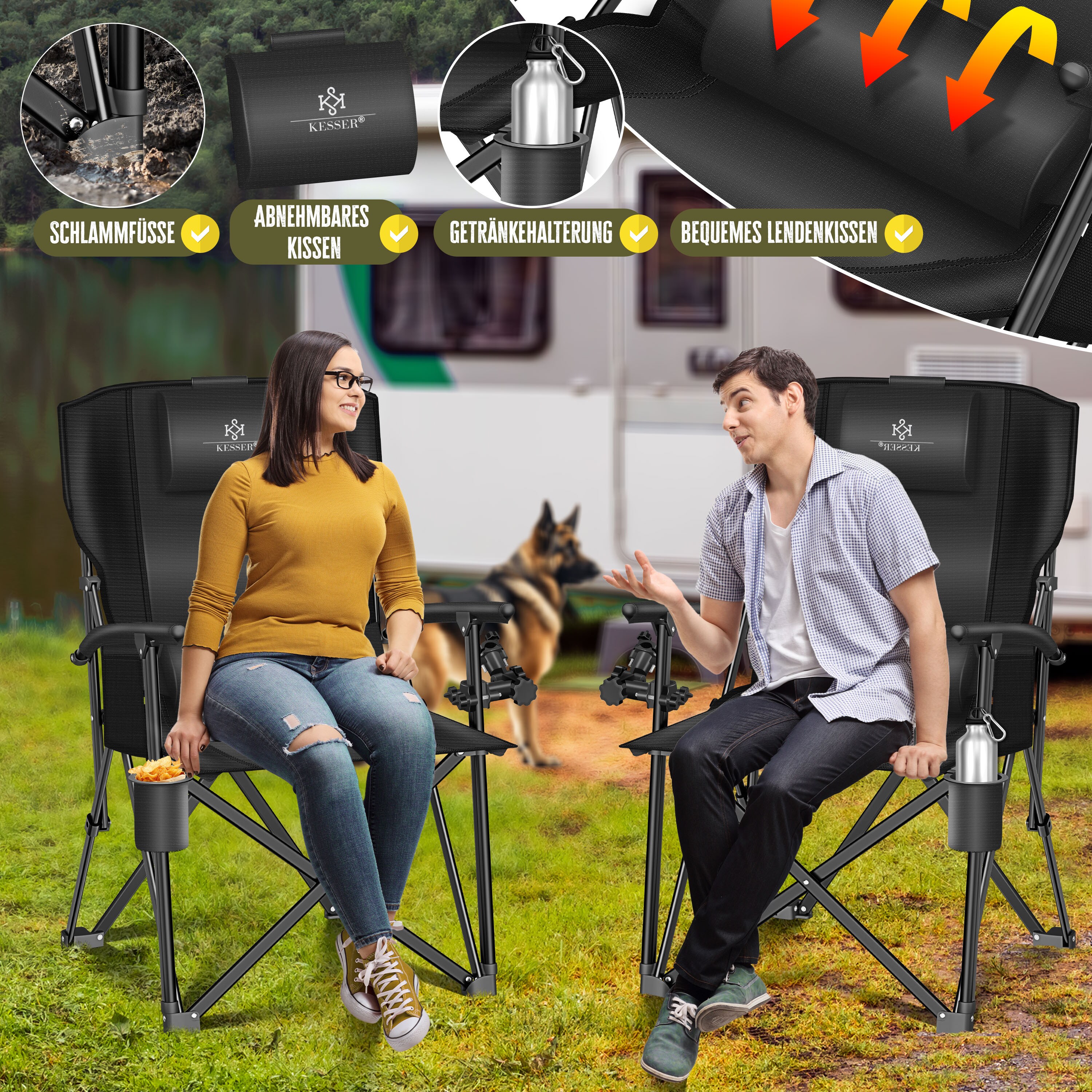 KESSER® Campingstuhl faltbar bis 160 kg | Angelstuhl Faltstuhl Klappstuhl Gepolstert mit Armlehnen | Campinglicht und Getränkehalter + Tasche mit hoher Rückenlehne