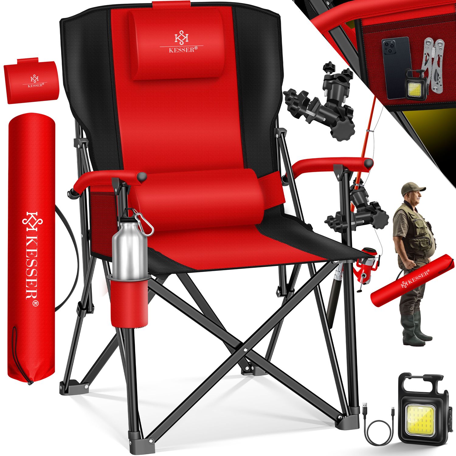 KESSER&reg; Campingstuhl faltbar bis 160 kg | Angelstuhl Faltstuhl Klappstuhl Gepolstert mit Armlehnen | Campinglicht und Getr&auml;nkehalter + Tasche mit hoher R&uuml;ckenlehne | Strandstuhl mit Angelhalterung 
