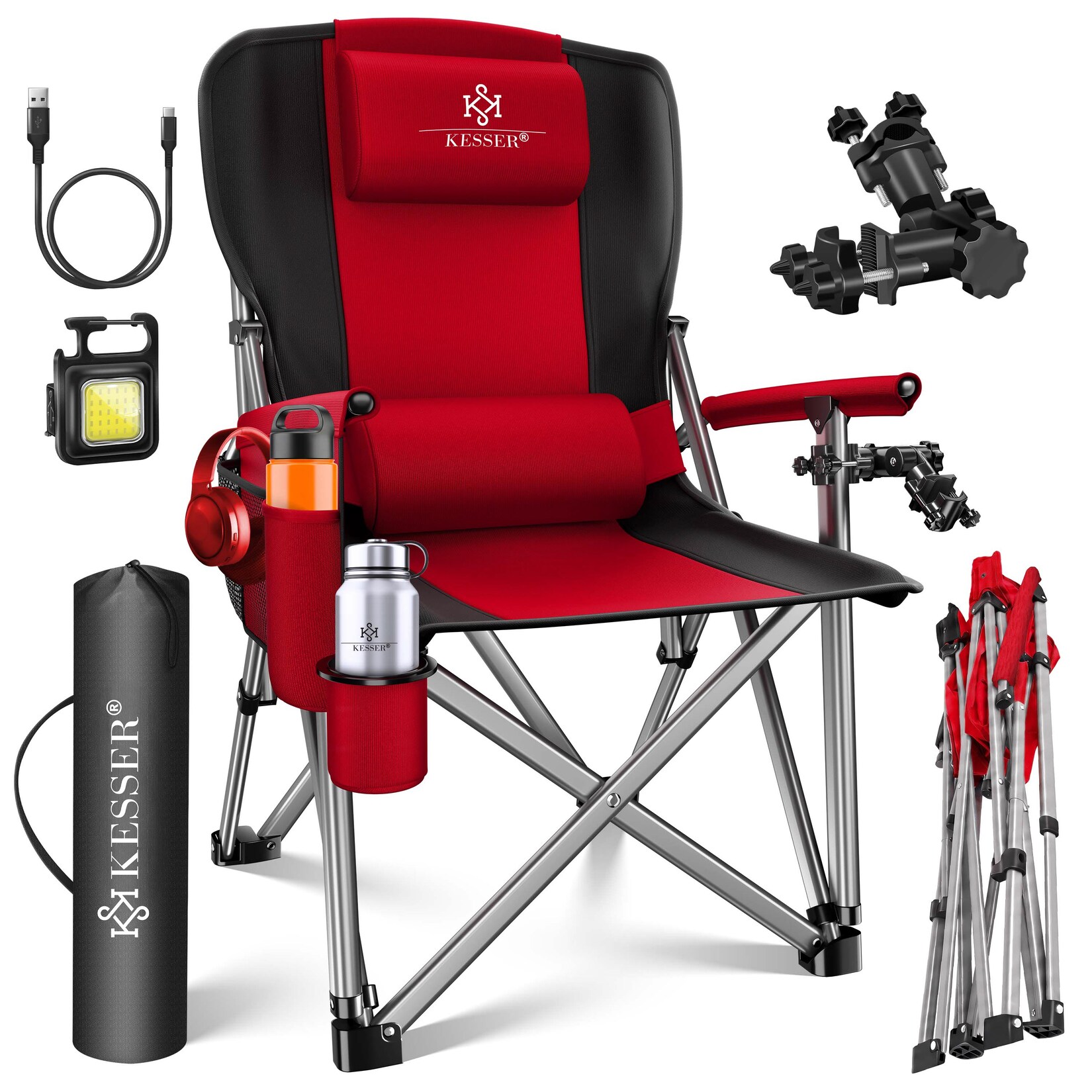 KESSER® Campingstuhl faltbar bis 160 kg Angelstuhl Faltstuhl Klappstuhl Gepolstert mit Armlehnen Campinglicht und Getränkehalter + Tasche mit hoher Rückenlehne Strandstuhl mit Angelhalterung