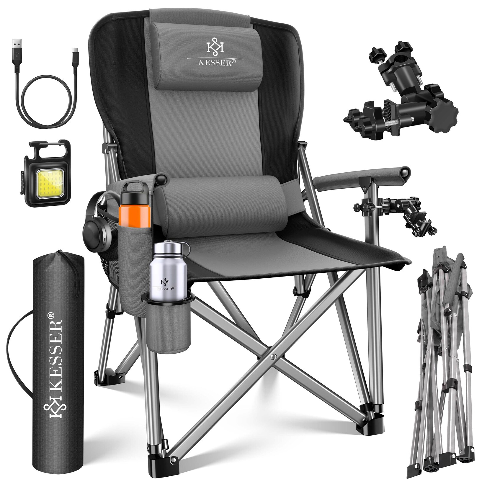 KESSER® Campingstuhl faltbar bis 160 kg Angelstuhl Faltstuhl Klappstuhl Gepolstert mit Armlehnen Campinglicht und Getränkehalter + Tasche mit hoher Rückenlehne Strandstuhl mit Angelhalterung