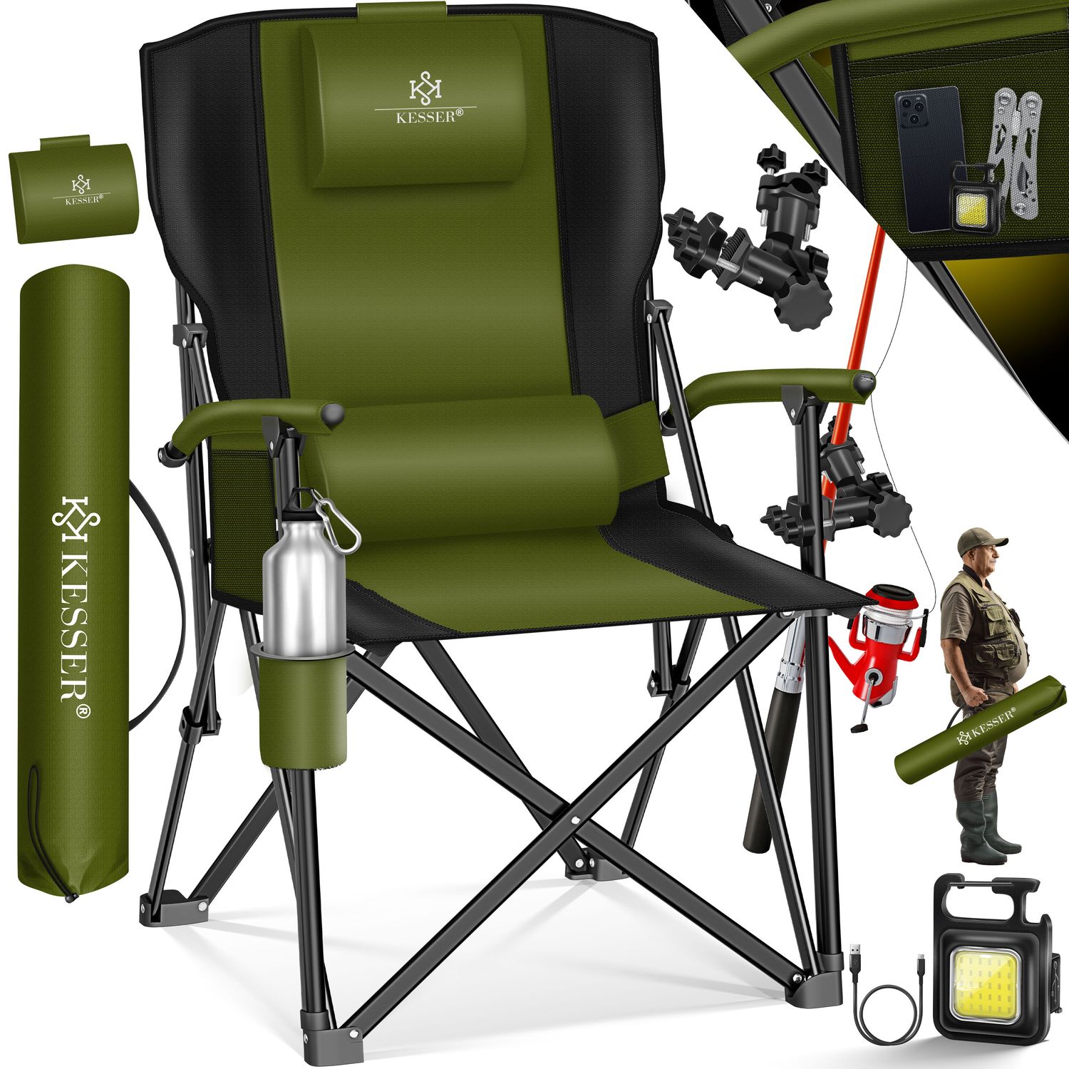 KESSER&reg; Campingstuhl faltbar bis 160 kg | Angelstuhl Faltstuhl Klappstuhl Gepolstert mit Armlehnen | Campinglicht und Getr&auml;nkehalter + Tasche mit hoher R&uuml;ckenlehne | Strandstuhl mit Angelhalterung 