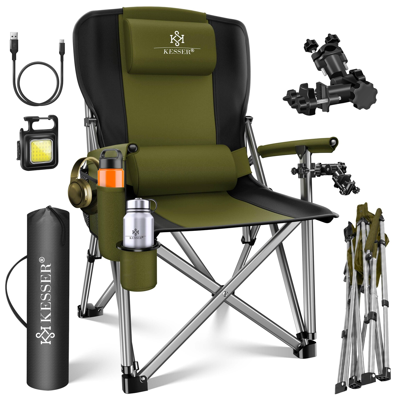 KESSER® Campingstuhl faltbar bis 160 kg Angelstuhl Faltstuhl Klappstuhl Gepolstert mit Armlehnen Campinglicht und Getränkehalter + Tasche mit hoher Rückenlehne Strandstuhl mit Angelhalterung