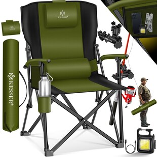 KESSER® Campingstuhl faltbar bis 160 kg | Angelstuhl Faltstuhl Klappstuhl Gepolstert mit Armlehnen | Campinglicht und Getränkehalter + Tasche mit hoher Rückenlehne | Strandstuhl mit Angelhalterung 