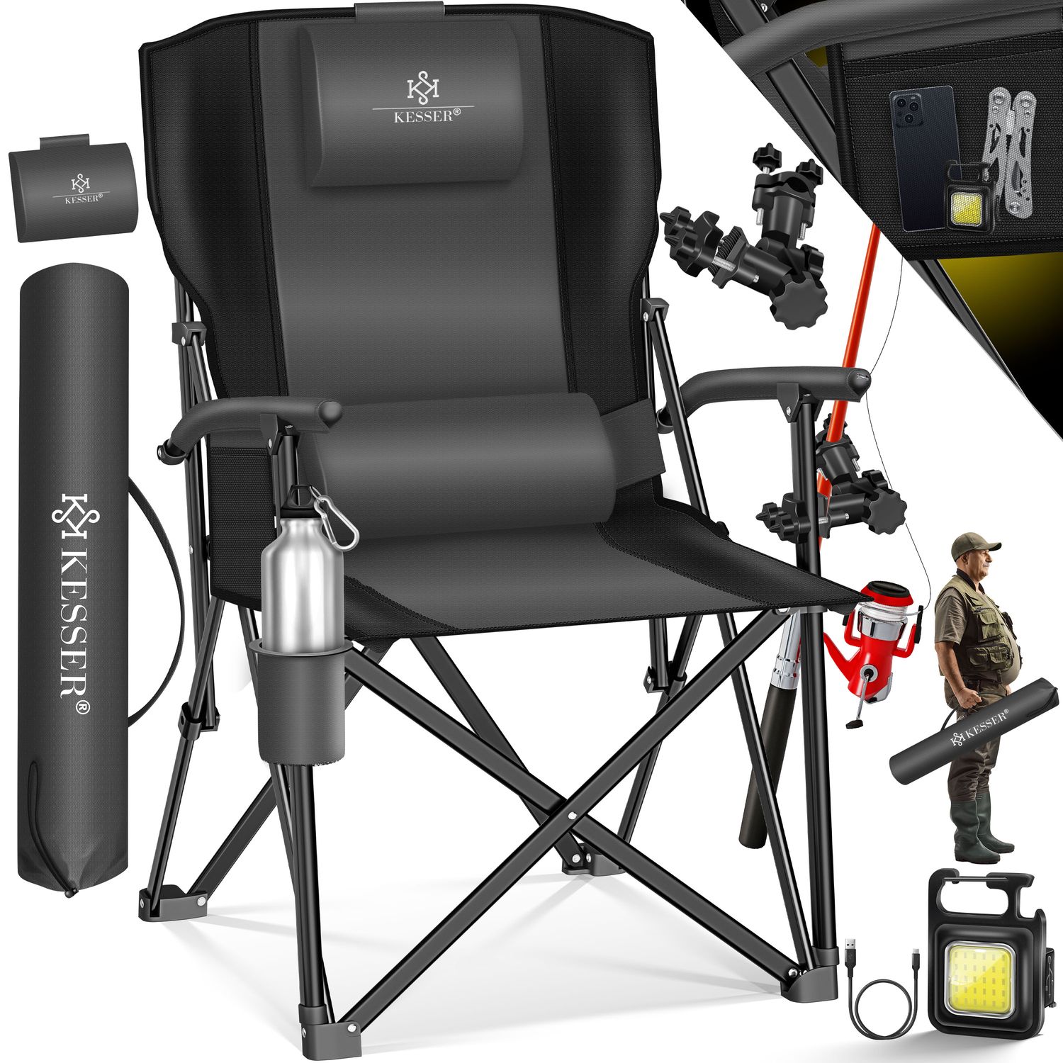 KESSER&reg; Campingstuhl faltbar bis 160 kg | Angelstuhl Faltstuhl Klappstuhl Gepolstert mit Armlehnen | Campinglicht und Getr&auml;nkehalter + Tasche mit hoher R&uuml;ckenlehne | Strandstuhl mit Angelhalterung 