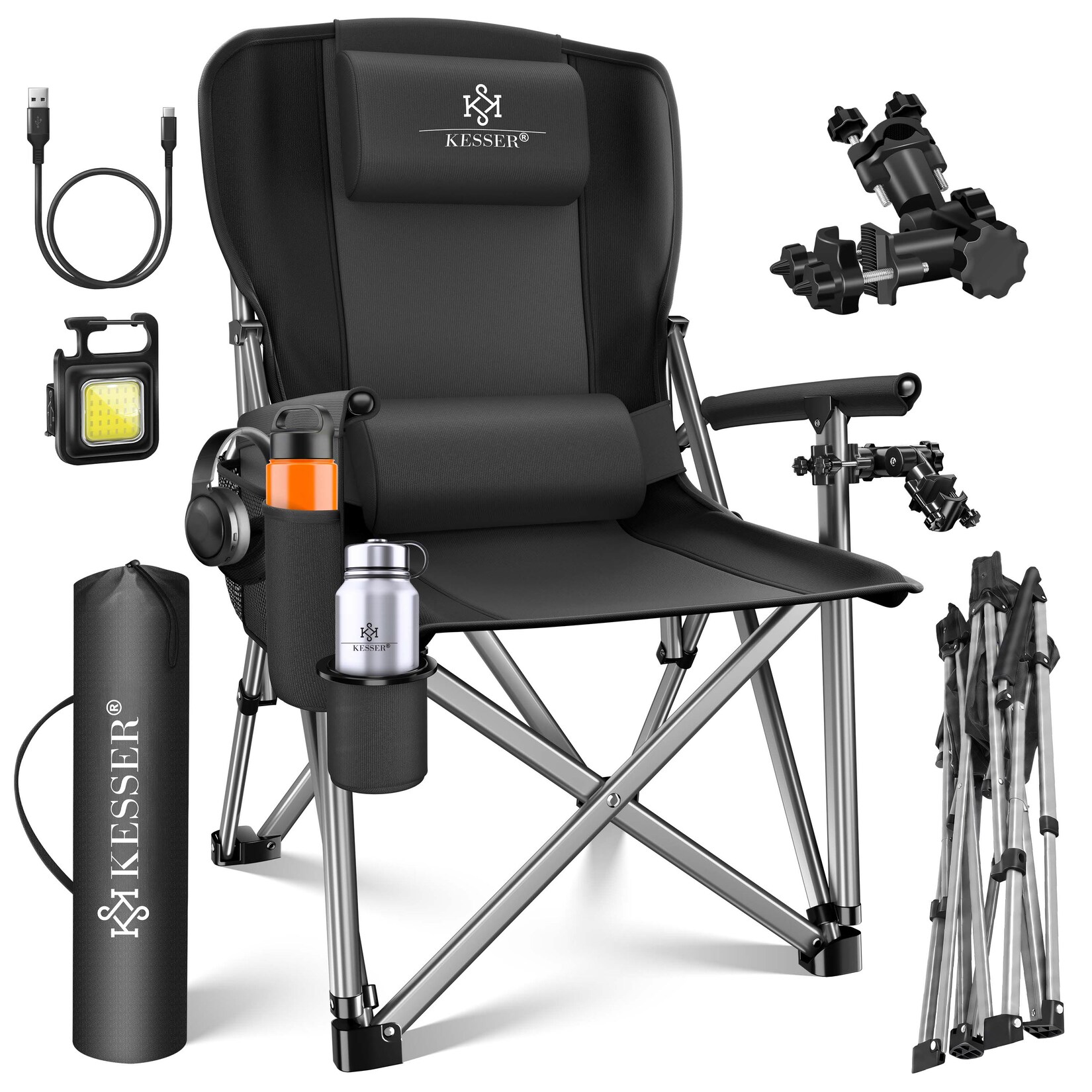 KESSER® Campingstuhl faltbar bis 160 kg Angelstuhl Faltstuhl Klappstuhl Gepolstert mit Armlehnen Campinglicht und Getränkehalter + Tasche mit hoher Rückenlehne Strandstuhl mit Angelhalterung