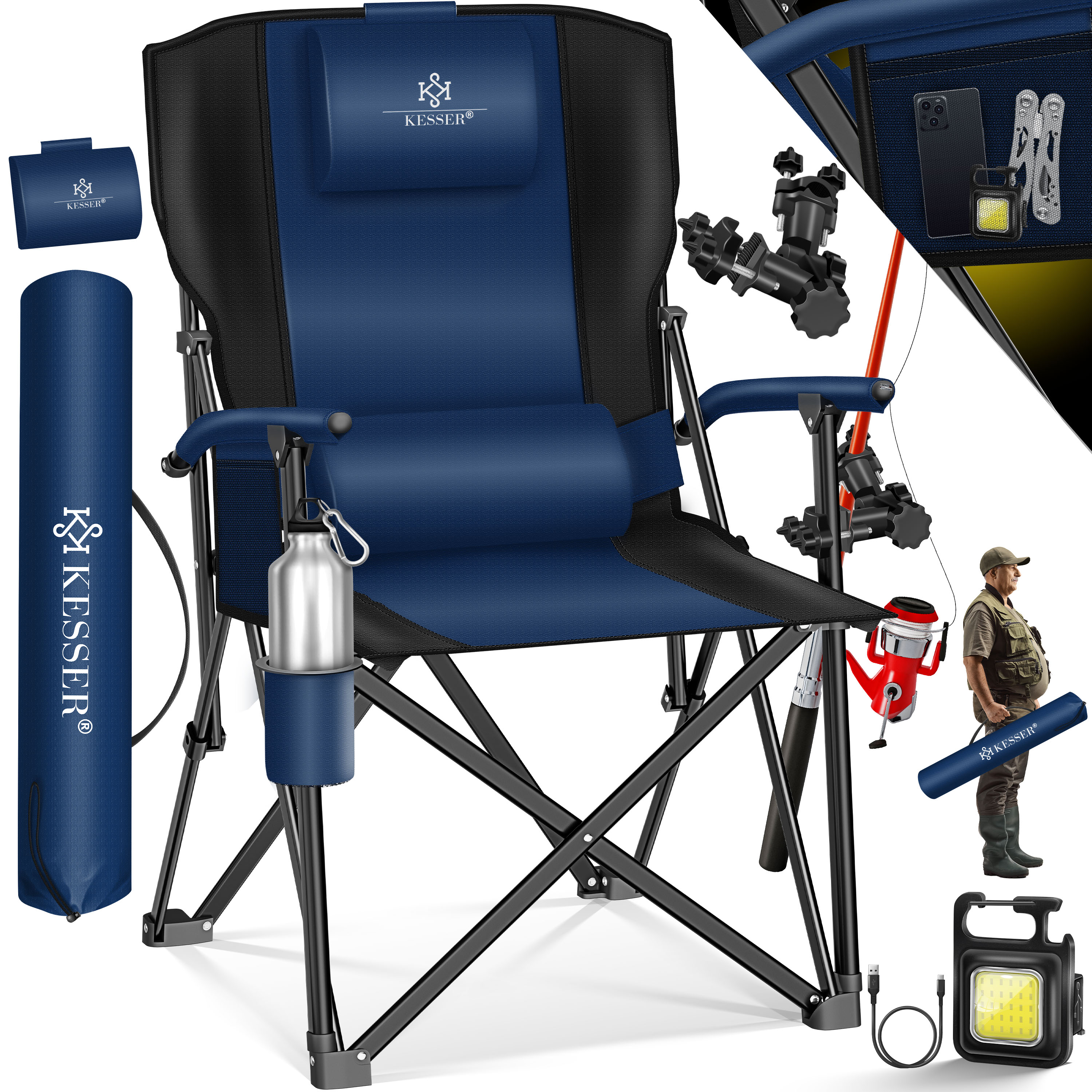 KESSER&reg; Campingstuhl faltbar bis 160 kg | Angelstuhl Faltstuhl Klappstuhl Gepolstert mit Armlehnen | Campinglicht und Getr&auml;nkehalter + Tasche mit hoher R&uuml;ckenlehne | Strandstuhl mit Angelhalterung 