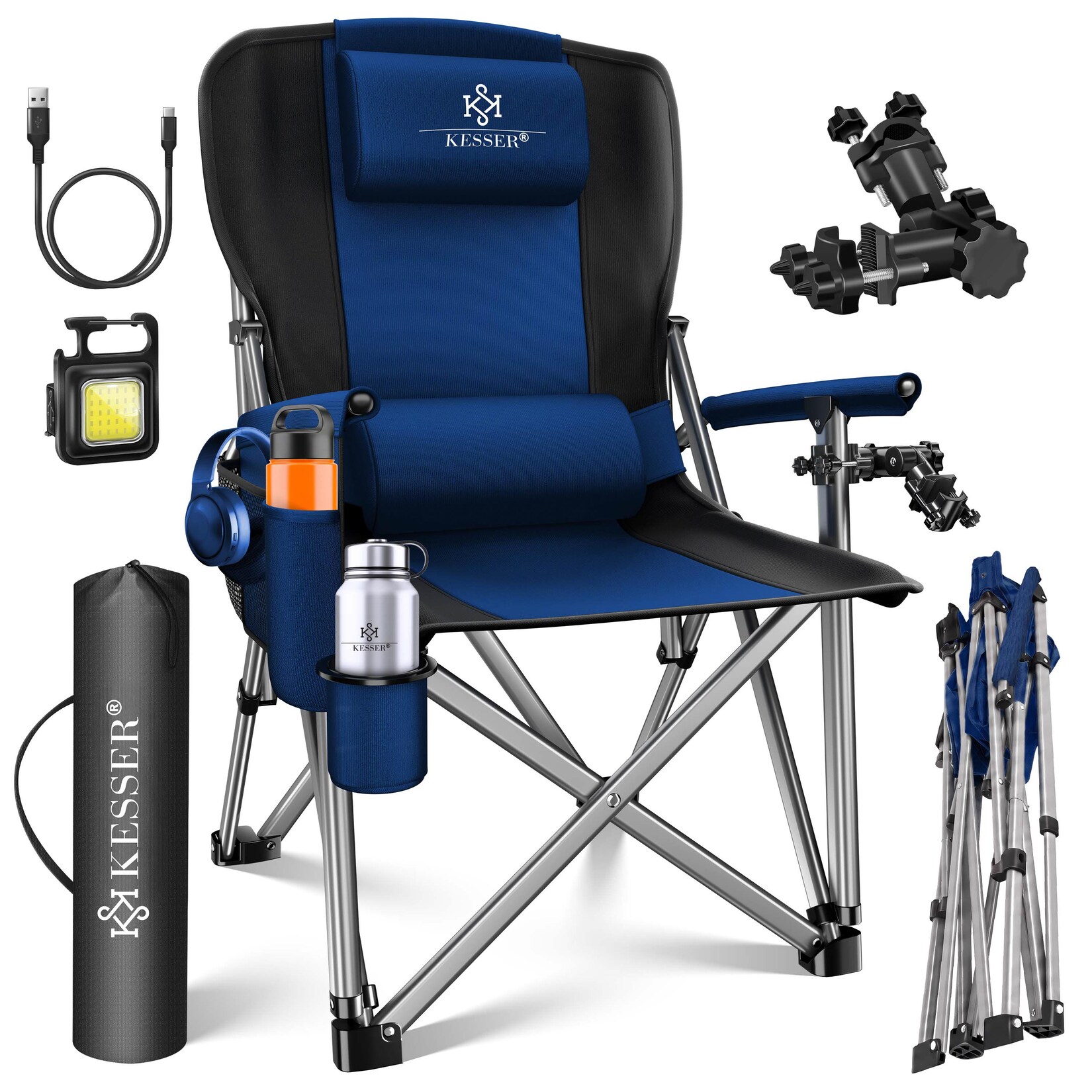 KESSER® Campingstuhl faltbar bis 160 kg Angelstuhl Faltstuhl Klappstuhl Gepolstert mit Armlehnen Campinglicht und Getränkehalter + Tasche mit hoher Rückenlehne Strandstuhl mit Angelhalterung