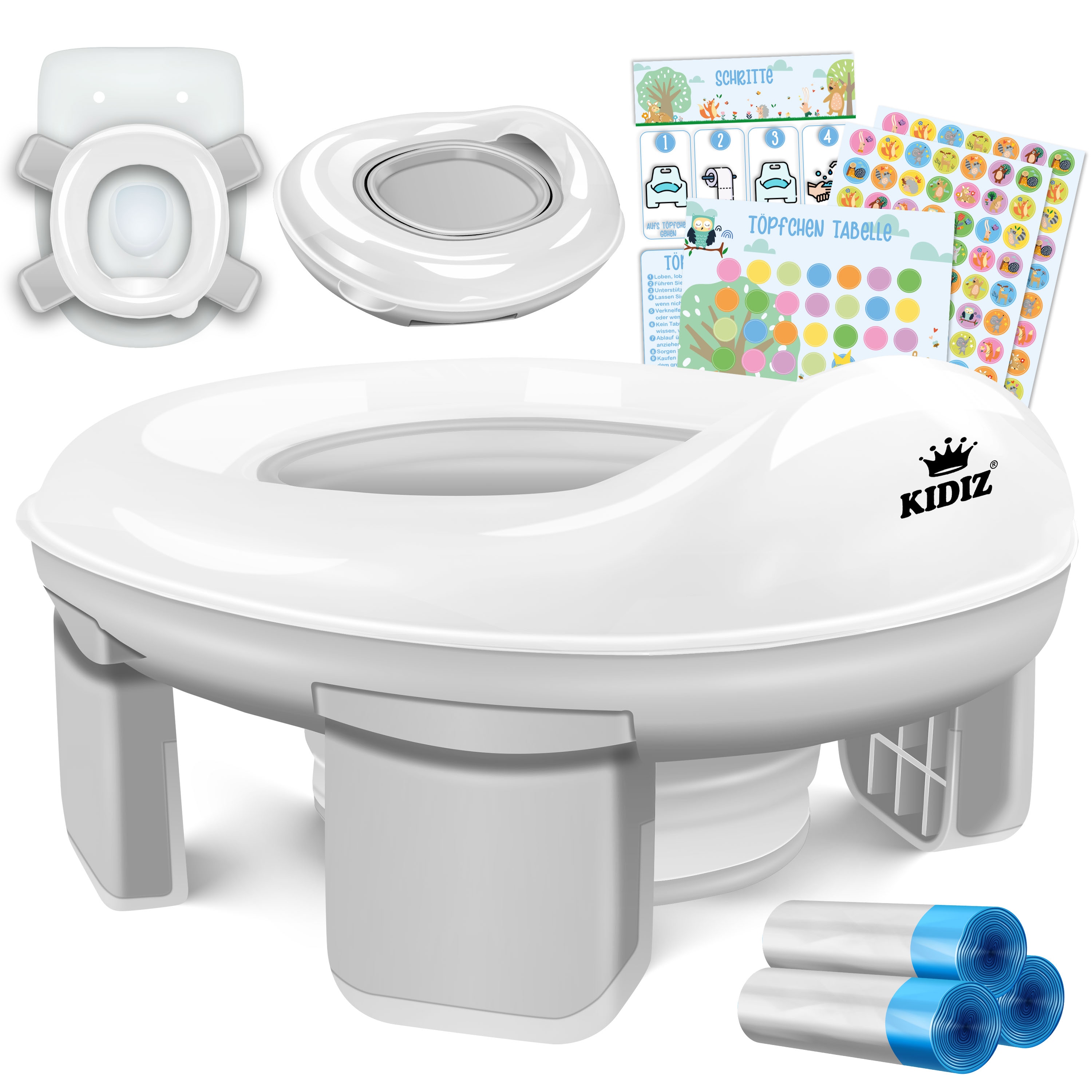 KIDIZ&reg; T&ouml;pfchen f&uuml;r Kinder Toilettensitz T&ouml;pfchentrainer WC Sitz |  Lernt&ouml;pfchen bequemem, PP-Material mit M&uuml;llbeutel | Kindert&ouml;pfchen f&uuml;r Unterwegs & Belohnungssystem mit Stickern 3 in 1 L&ouml;sung 