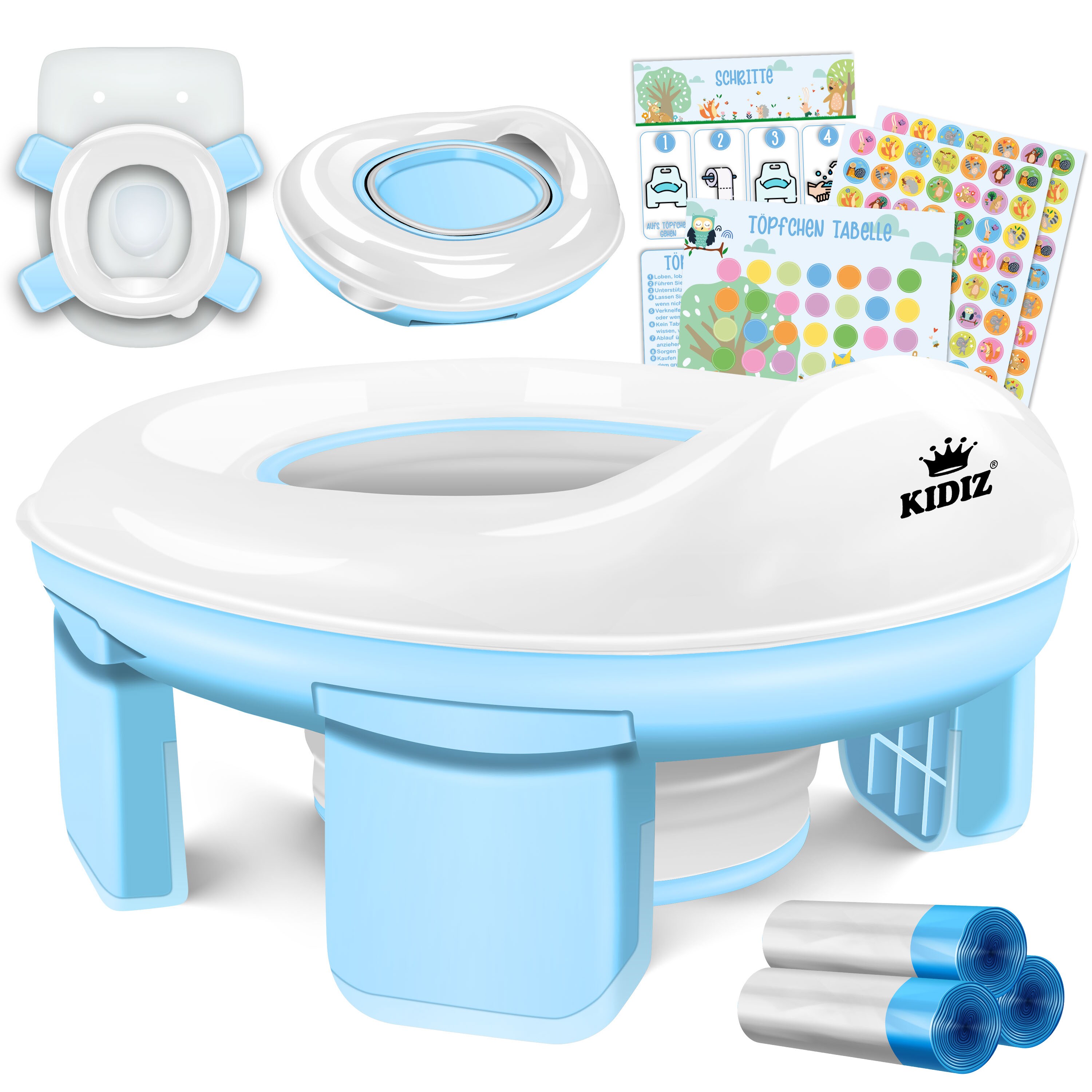 KIDIZ&reg; T&ouml;pfchen f&uuml;r Kinder Toilettensitz T&ouml;pfchentrainer WC Sitz |  Lernt&ouml;pfchen bequemem, PP-Material mit M&uuml;llbeutel | Kindert&ouml;pfchen f&uuml;r Unterwegs & Belohnungssystem mit Stickern 3 in 1 L&ouml;sung 