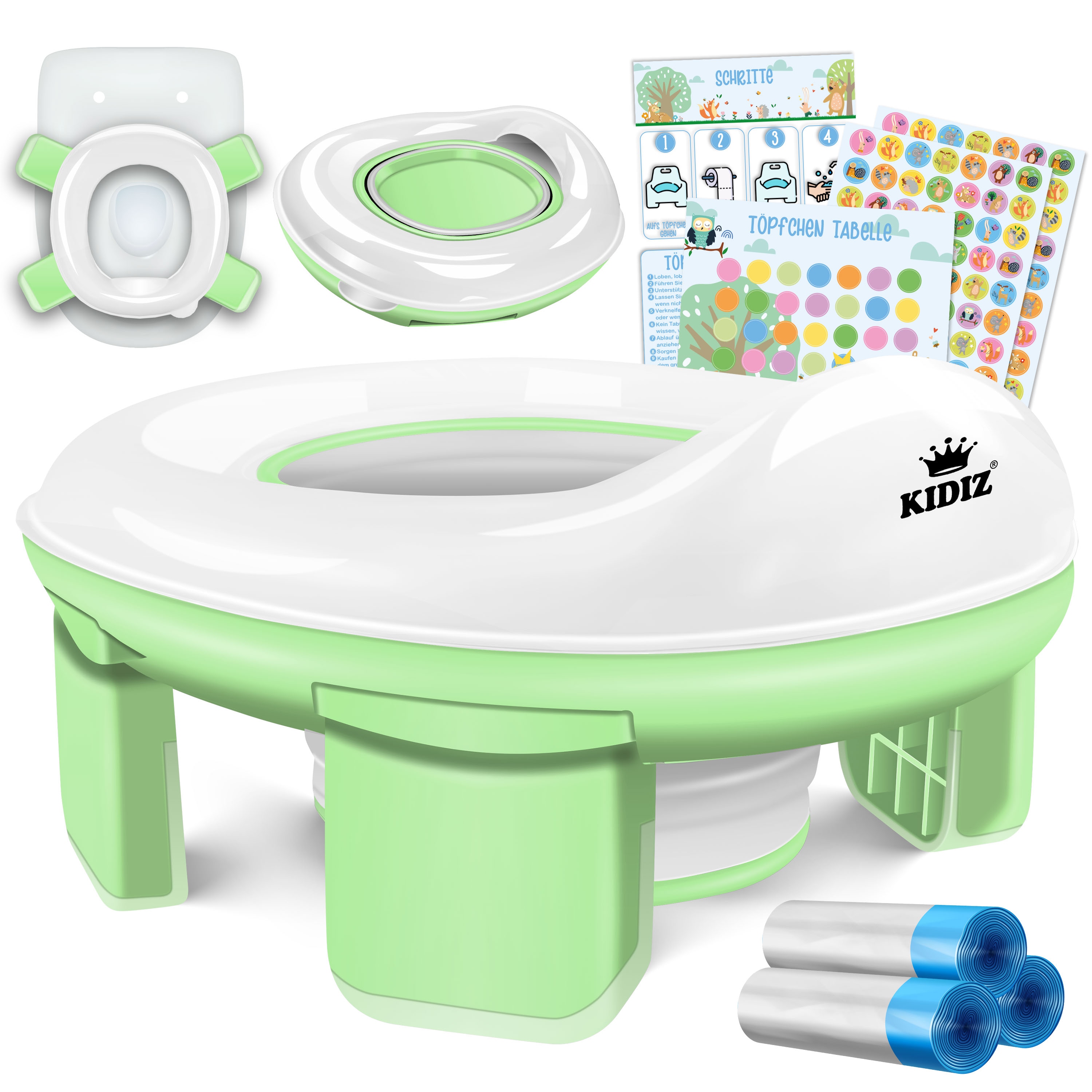 KIDIZ&reg; T&ouml;pfchen f&uuml;r Kinder Toilettensitz T&ouml;pfchentrainer WC Sitz |  Lernt&ouml;pfchen bequemem, PP-Material mit M&uuml;llbeutel | Kindert&ouml;pfchen f&uuml;r Unterwegs & Belohnungssystem mit Stickern 3 in 1 L&ouml;sung 