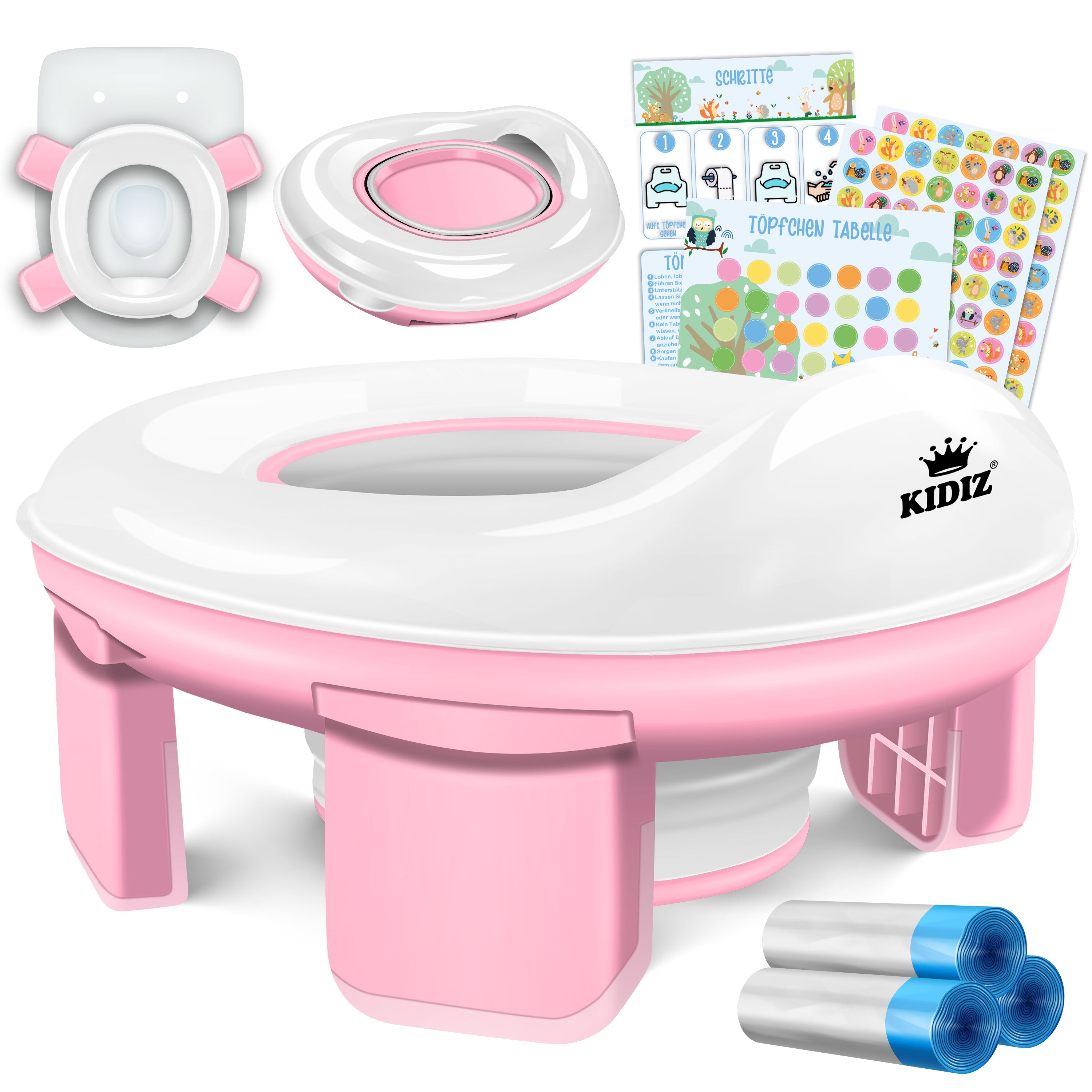 KIDIZ&reg; T&ouml;pfchen f&uuml;r Kinder Toilettensitz T&ouml;pfchentrainer WC Sitz |  Lernt&ouml;pfchen bequemem, PP-Material mit M&uuml;llbeutel | Kindert&ouml;pfchen f&uuml;r Unterwegs & Belohnungssystem mit Stickern 3 in 1 L&ouml;sung 