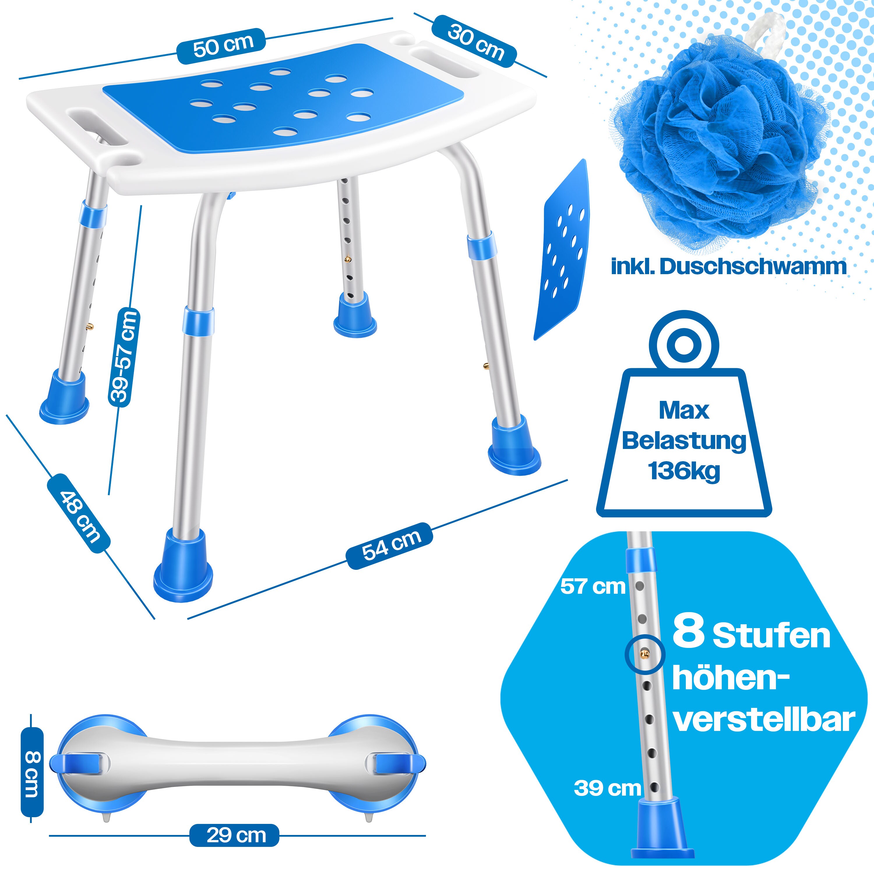 KESSER&reg; Duschhocker h&ouml;henverstellbar | Leichter Badhocker rutschfeste Gummif&uuml;&szlig;e Duschstuhl 136KG belastbar | Duschhilfe Senioren | Saugnapf Haltegriff Badewannengriff | Duschsitz mit Brausehalterung 