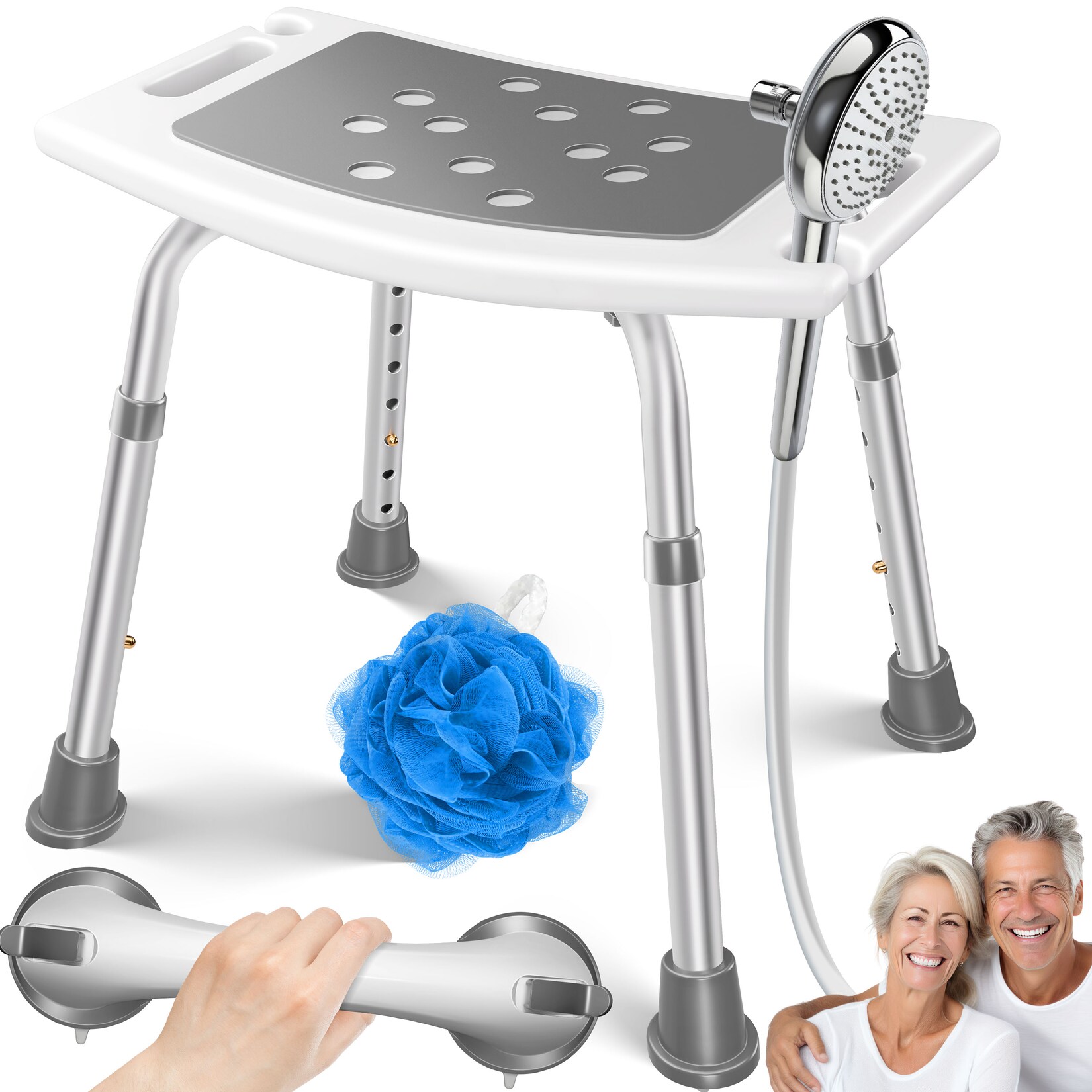 ® Duschhocker höhenverstellbar   Leichter Badhocker rutschfeste Gummifüße Duschstuhl  belastbar   Duschhilfe Senioren   Saugnapf Haltegriff Badewannengriff   Duschsitz mit Brausehalterung