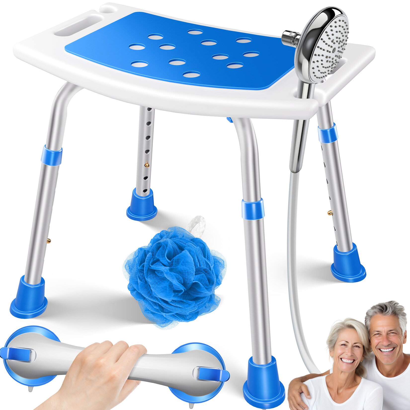 ® Duschhocker höhenverstellbar   Leichter Badhocker rutschfeste Gummifüße Duschstuhl  belastbar   Duschhilfe Senioren   Saugnapf Haltegriff Badewannengriff   Duschsitz mit Brausehalterung