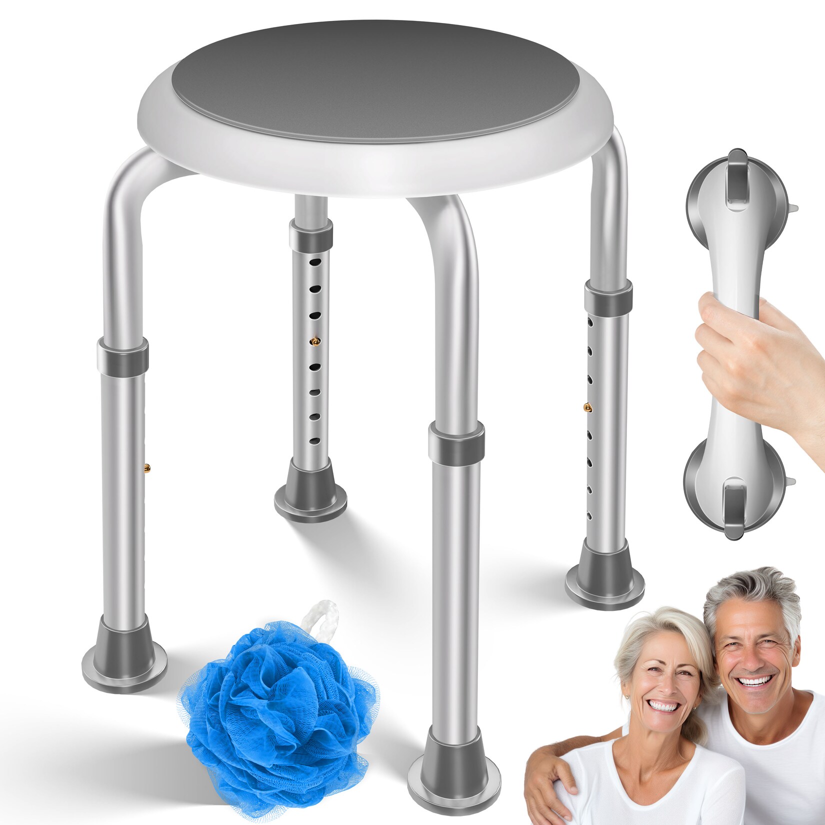 ® Duschhocker höhenverstellbar 8 Stufen   Leichter Badhocker rutschfeste Gummifüße Duschstuhl  belastbar   Duschhilfe Senioren   Saugnapf Haltegriff Badewannengriff   Duschsitz 360° drehbar