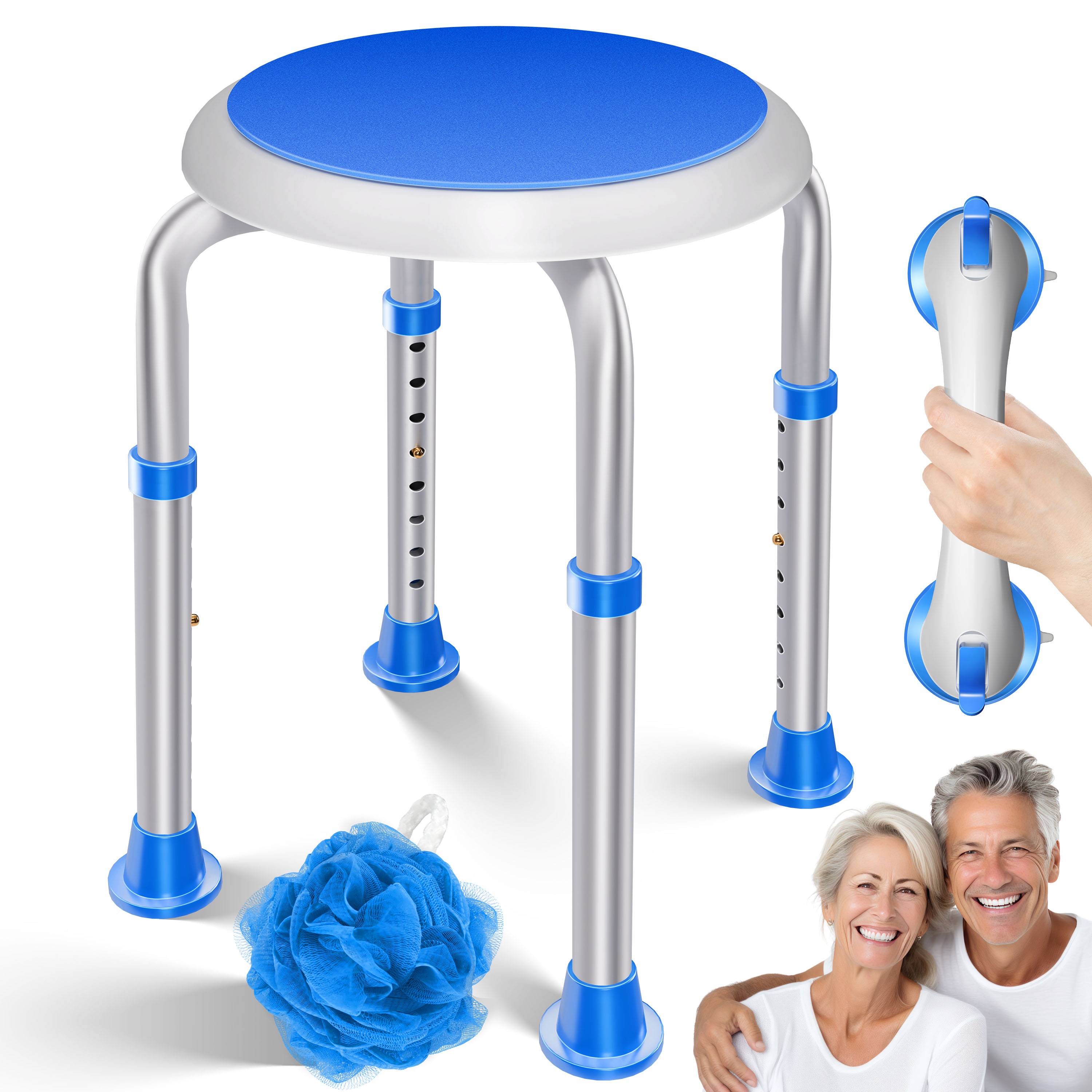 KESSER&reg; Duschhocker h&ouml;henverstellbar 8 Stufen | Leichter Badhocker rutschfeste Gummif&uuml;&szlig;e Duschstuhl 136KG belastbar | Duschhilfe Senioren | Saugnapf Haltegriff Badewannengriff | Duschsitz 360&deg; drehbar 