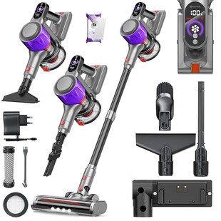 KESSER® Akku Staubsauger kabellos bis 60 Min. Laufzeit & Leise | Akku Staubsauger mit LED Display Stabstaubsauger beutellos mit Anti-Tangle-Bodenbürste für Hartböden Teppich Tierhaare 