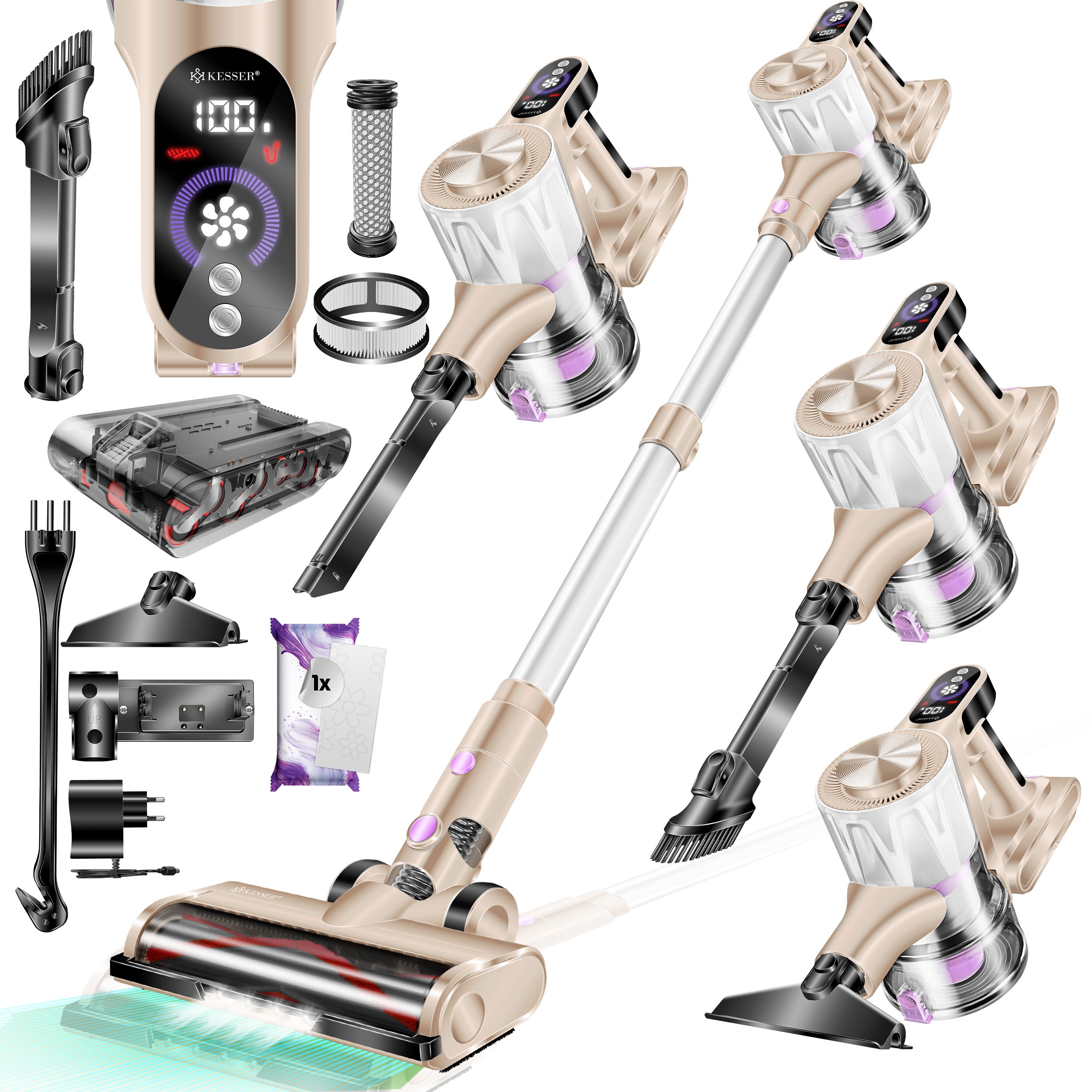 KESSER&reg; Akku Staubsauger kabellos bis 60 Min. Laufzeit & Leise | Akku Staubsauger mit LED Display Stabstaubsauger beutellos mit Anti-Tangle-Bodenb&uuml;rste f&uuml;r Hartb&ouml;den Teppich Tierhaare 
