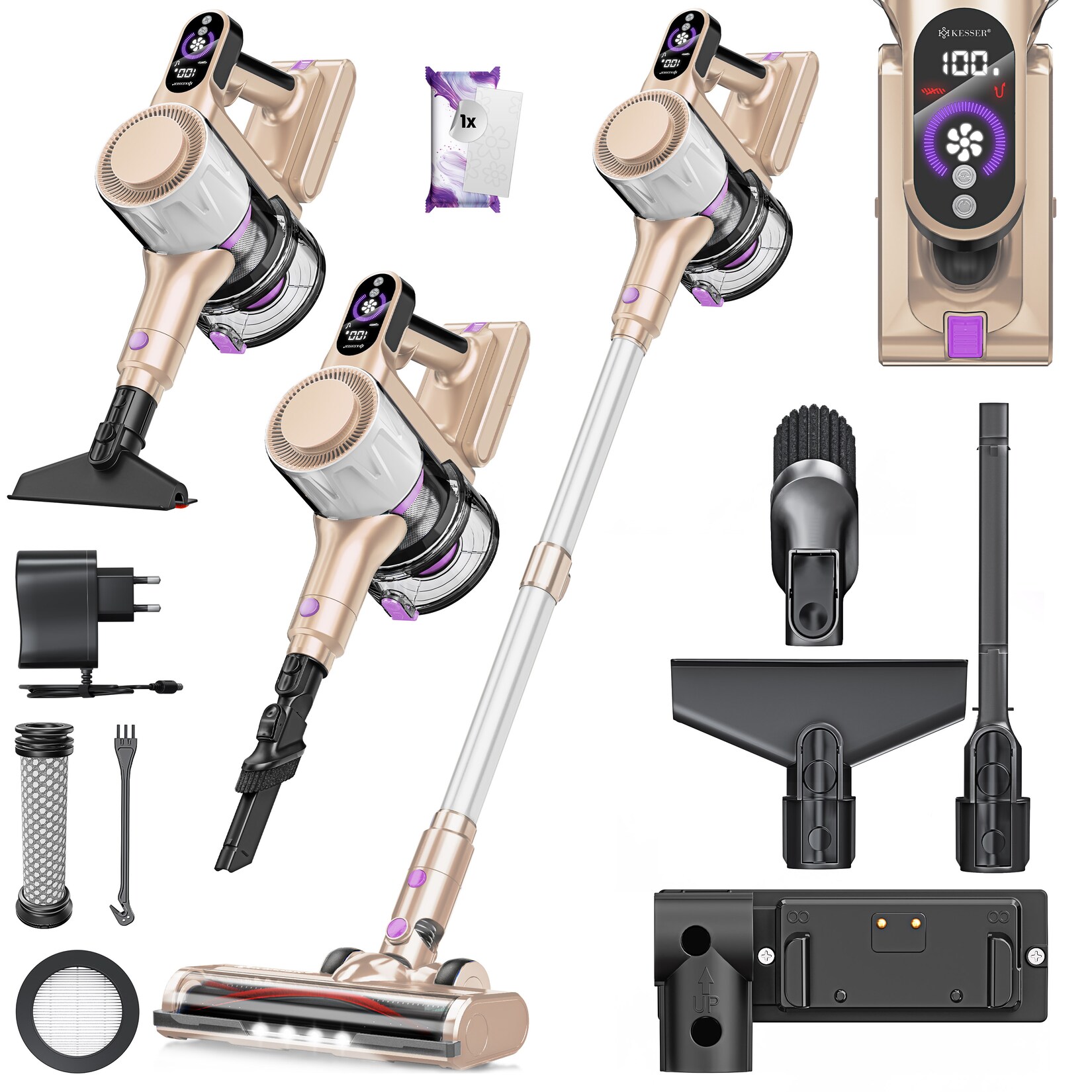 ® Akku Staubsauger kabellos bis 60 Min. Laufzeit & Leise   Akku Staubsauger mit LED Display Stabstaubsauger beutellos mit Anti-Tangle-Bodenbürste für Hartböden Teppich Tierhaare