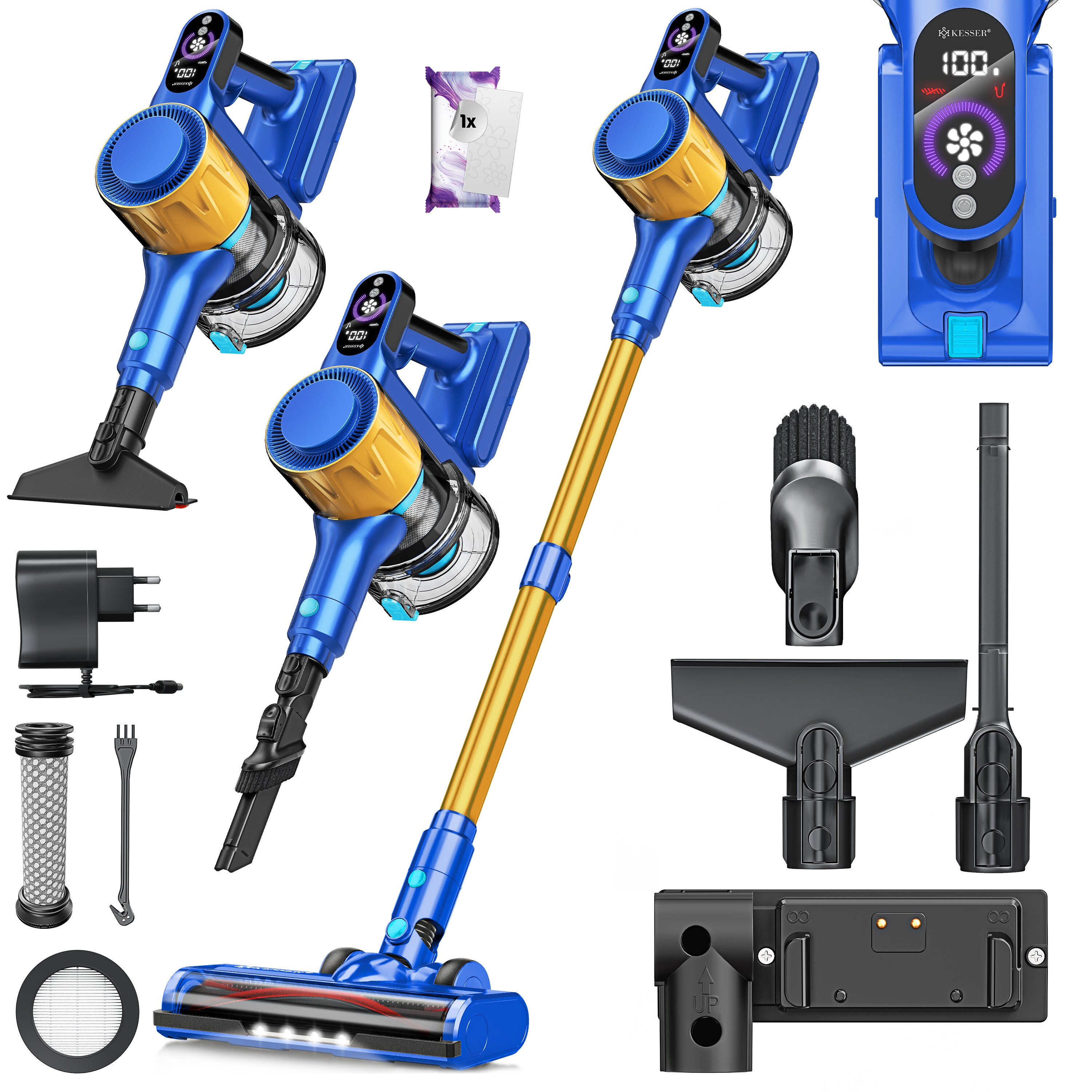 KESSER&reg; Akku Staubsauger kabellos bis 60 Min. Laufzeit & Leise | Akku Staubsauger mit LED Display Stabstaubsauger beutellos mit Anti-Tangle-Bodenb&uuml;rste f&uuml;r Hartb&ouml;den Teppich Tierhaare 
