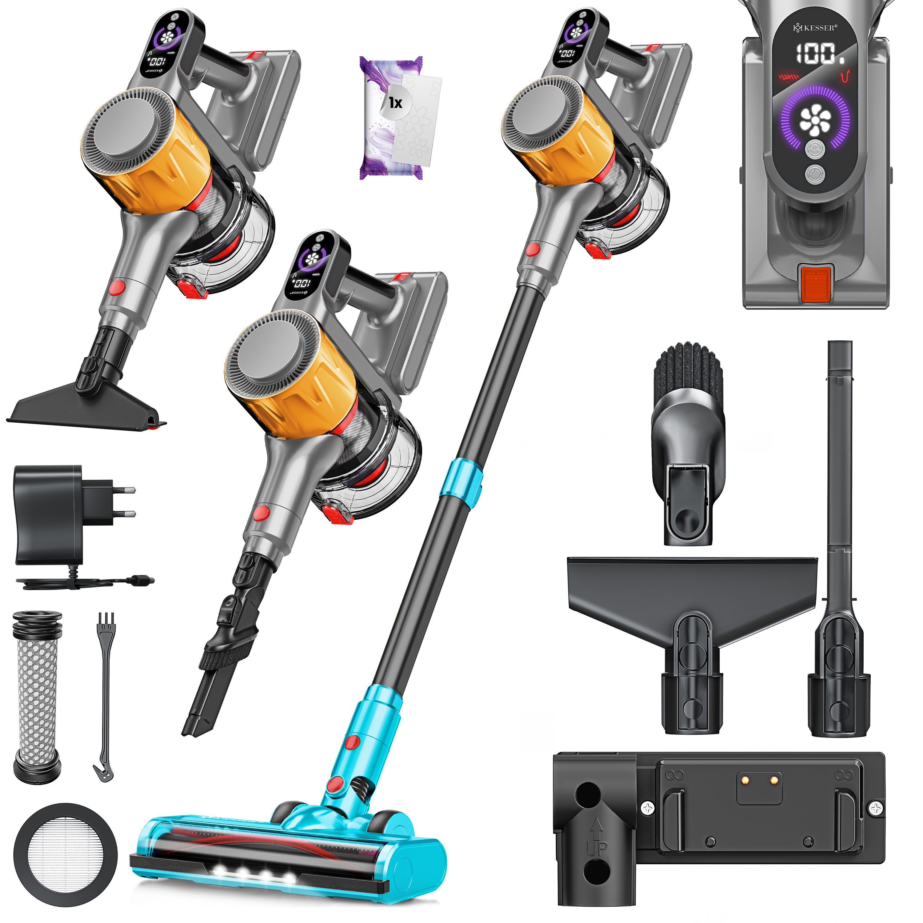 KESSER&reg; Akku Staubsauger kabellos bis 60 Min. Laufzeit & Leise | Akku Staubsauger mit LED Display Stabstaubsauger beutellos mit Anti-Tangle-Bodenb&uuml;rste f&uuml;r Hartb&ouml;den Teppich Tierhaare 