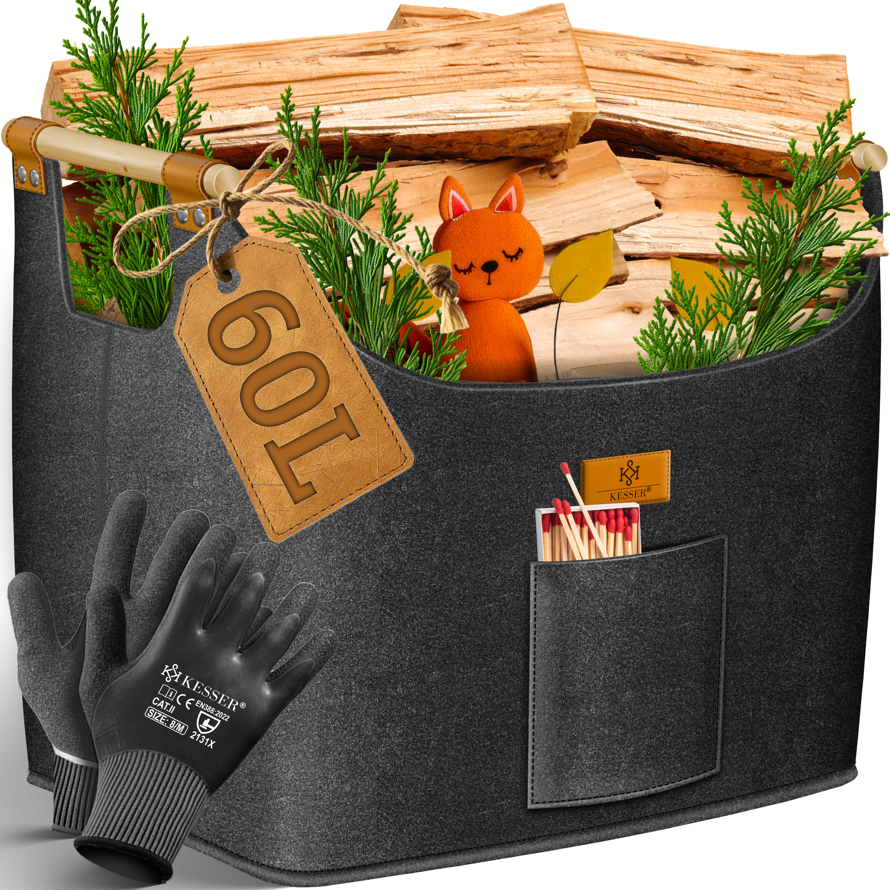 KESSER&reg; Brennholzkorb | Kaminholztasche extra dicker Filz | Feuerholzkorb faltbar mit verst&auml;rkten Holzgriffen | Aufbewahrungskorb f&uuml;r Holz, Zeitung oder Brennholz | Inkl. Arbeitshandschuhen 