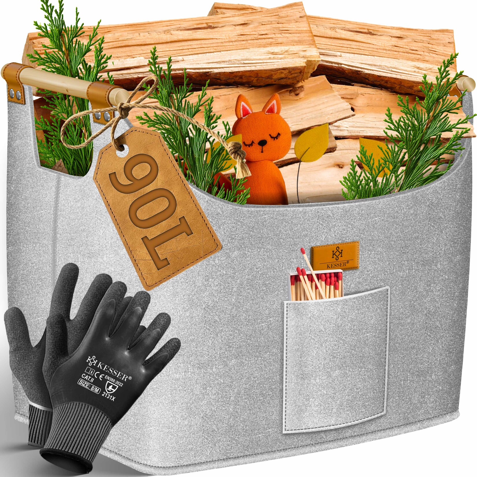 KESSER® Brennholzkorb   Kaminholztasche extra dicker Filz   Feuerholzkorb faltbar mit verstärkten Holzgriffen   Aufbewahrungskorb für Holz, Zeitung oder Brennholz   Inkl. Arbeitshandschuhen