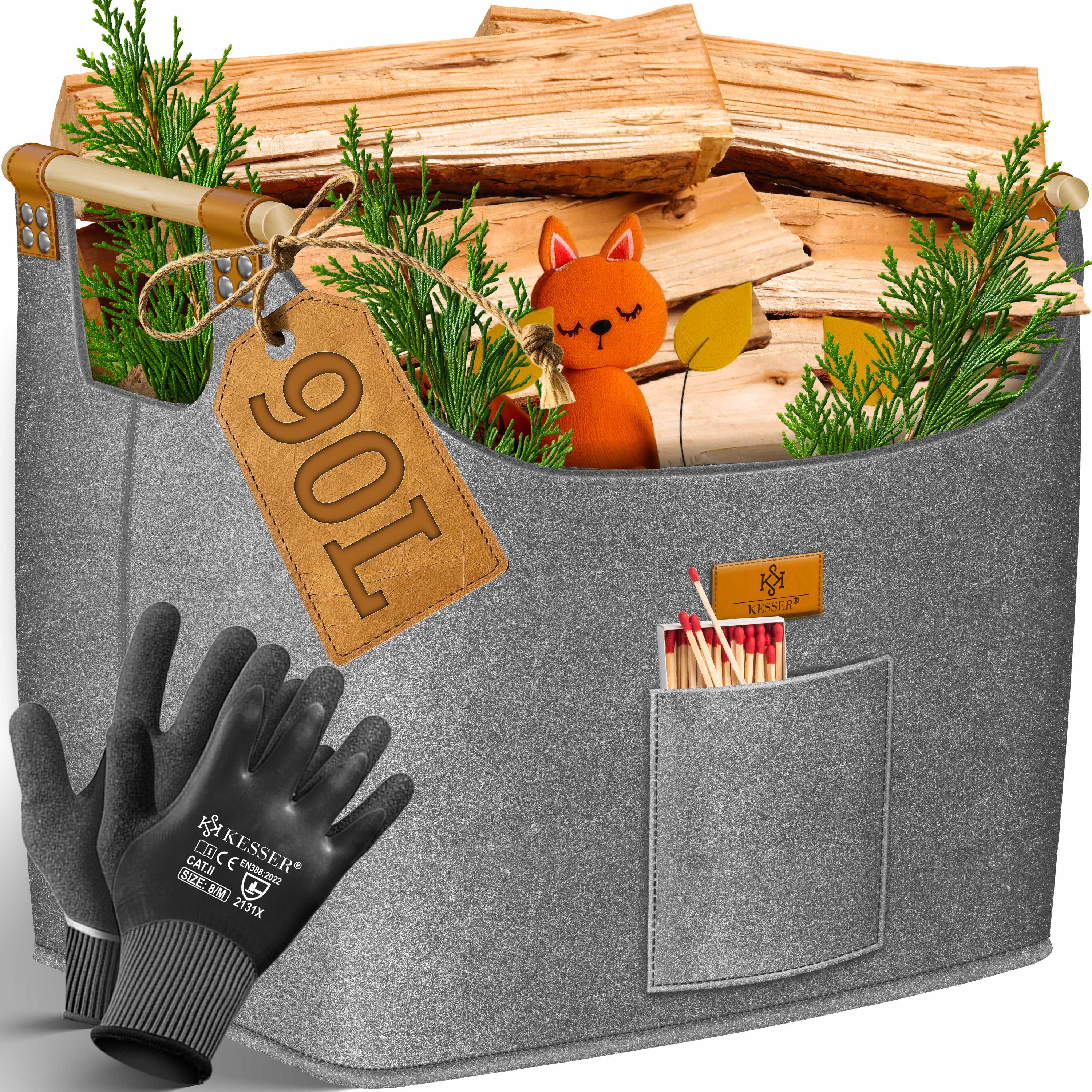 KESSER&reg; Brennholzkorb | Kaminholztasche extra dicker Filz | Feuerholzkorb faltbar mit verst&auml;rkten Holzgriffen | Aufbewahrungskorb f&uuml;r Holz, Zeitung oder Brennholz | Inkl. Arbeitshandschuhen 