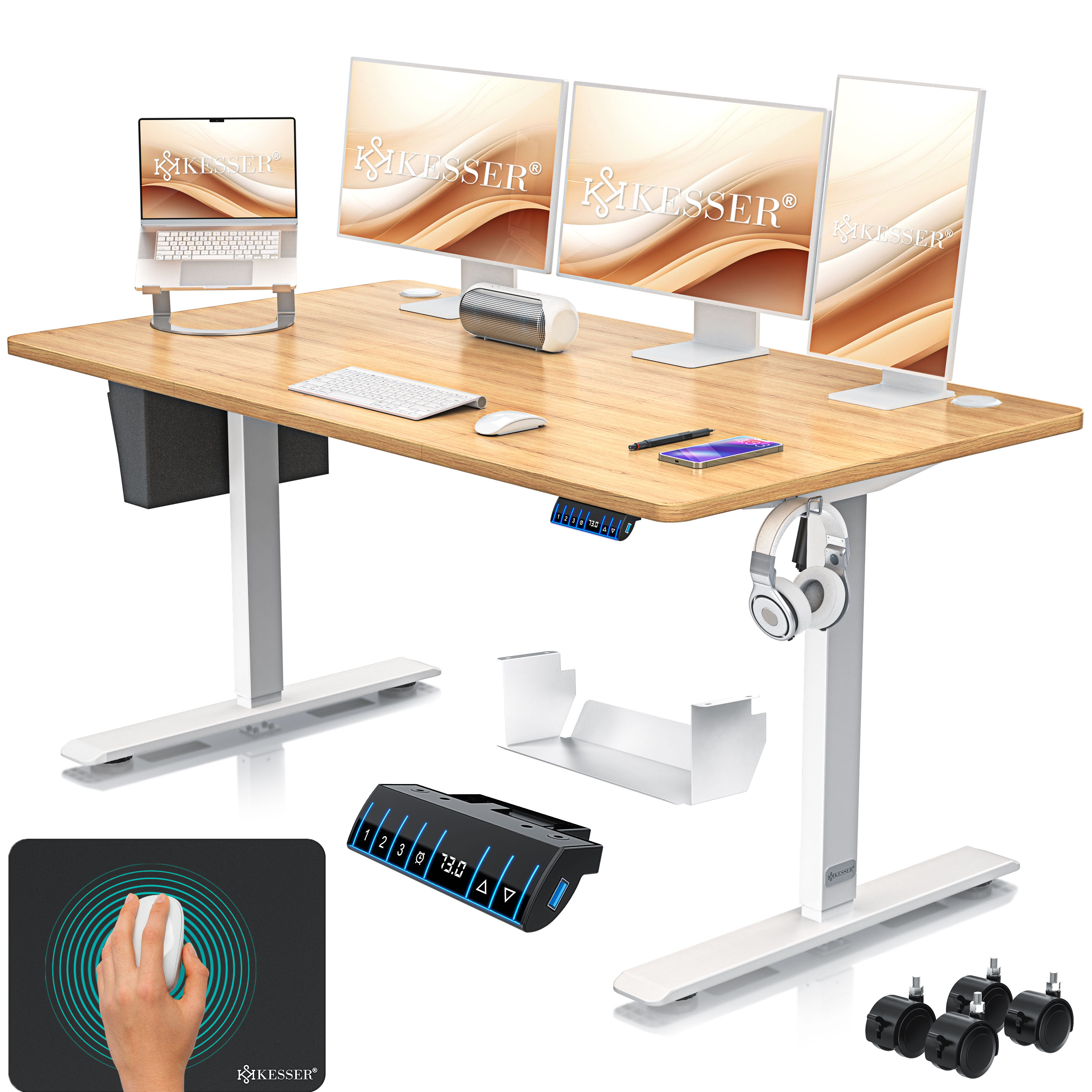 KESSER&reg; H&ouml;henverstellbarer Schreibtisch elektrisch | Ergonomisch Steh-Sitz Schreibtisch | 3-Funktions-Memory Steuerung | Inkl. 360&deg; Rollen & USB-Ladeanschluss | Computertisch f&uuml;r Homeoffice 