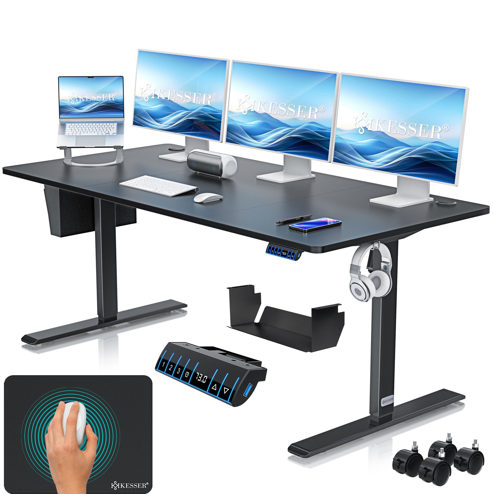 KESSER® Höhenverstellbarer Schreibtisch elektrisch Ergonomisch Steh-Sitz Schreibtisch 3-Funktions-Memory Steuerung Inkl. 360° Rollen & …