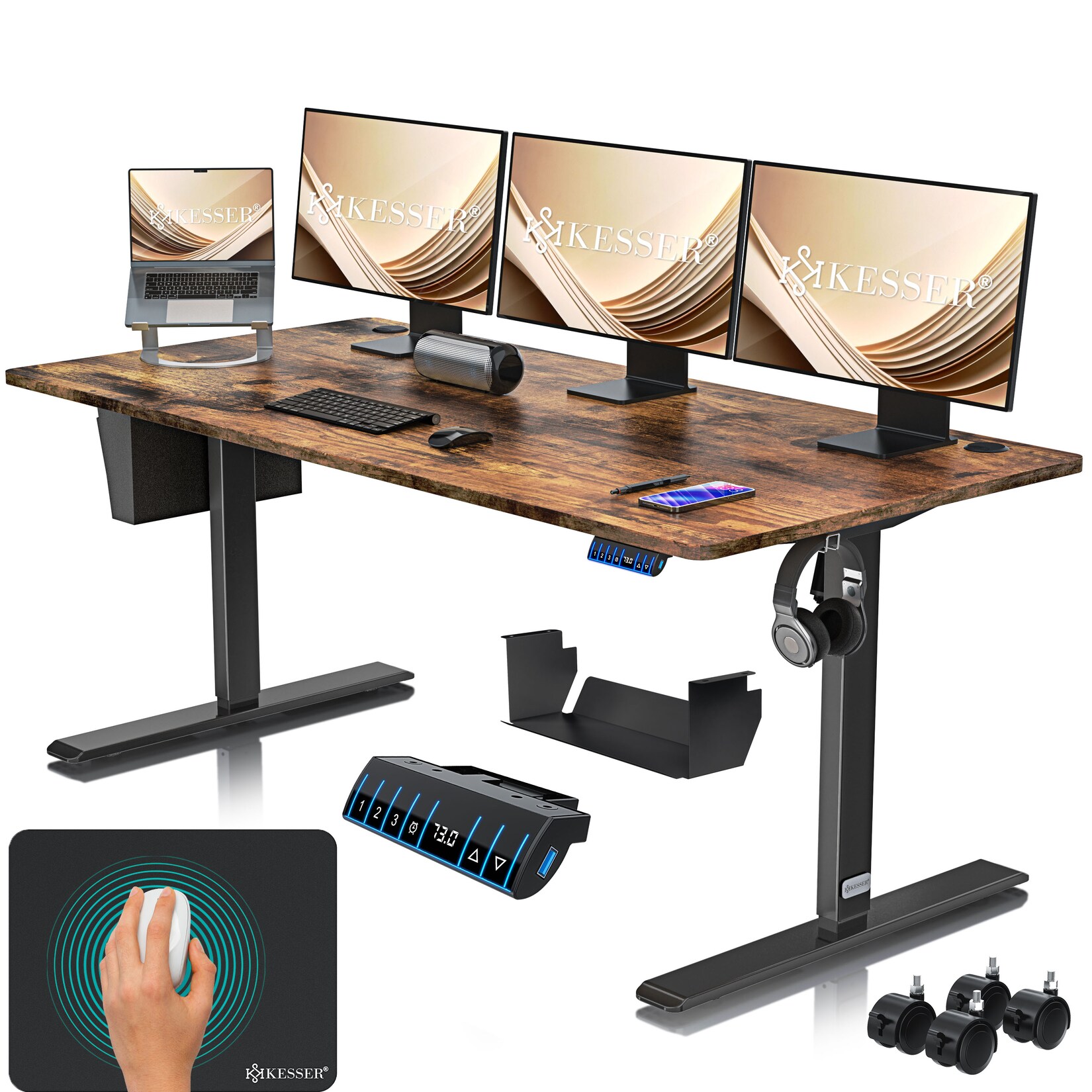 KESSER® Höhenverstellbarer Schreibtisch elektrisch Ergonomisch Steh-Sitz Schreibtisch 3-Funktions-Memory Steuerung Inkl. 360° Rollen & …