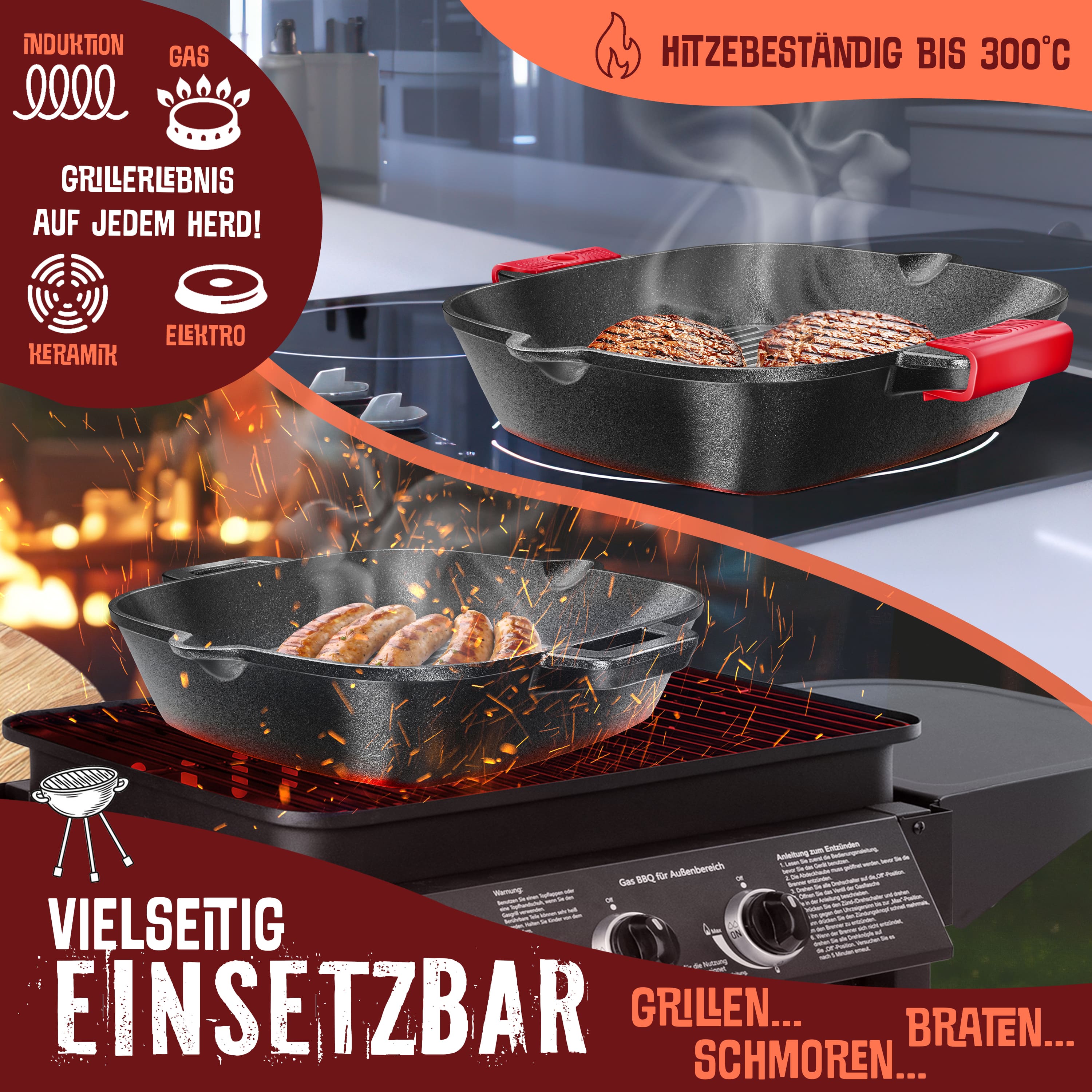 KESSER® Gusseisenpfanne | Gusseisen Bratpfanne Induktion | Cast Iron Pan für Gasgrill, Backofen, Kohlegrill | Steakpfanne voreingebrannt