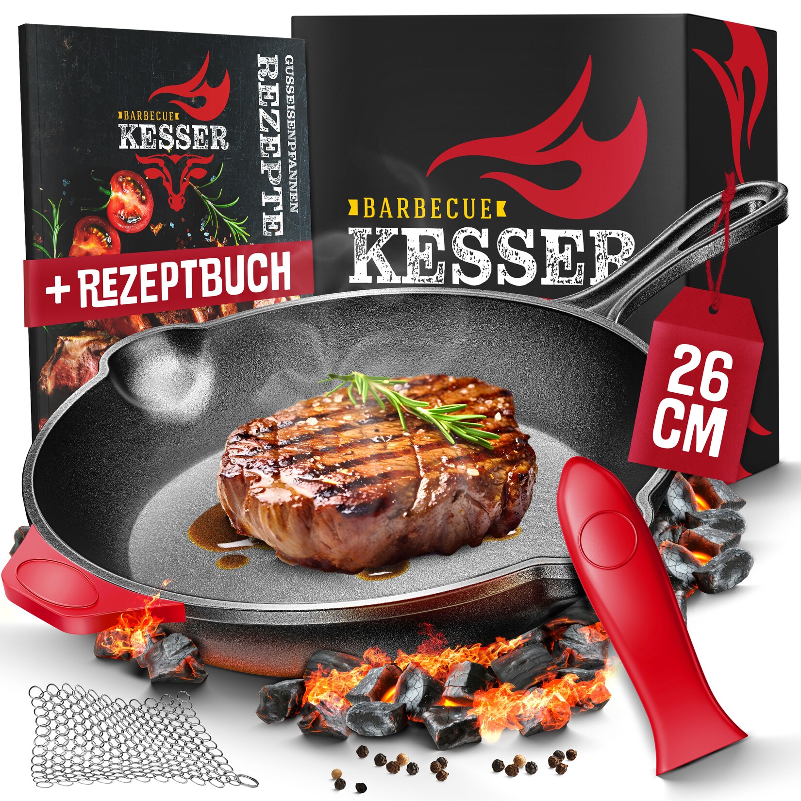 ® Gusseisenpfanne   Gusseisen Bratpfanne Induktion   Cast Iron Pan für Gasgrill, Backofen, Kohlegrill   Steakpfanne voreingebrannt   Inkl. Schutzgriffe, Rezeptbuch und Ringreiniger