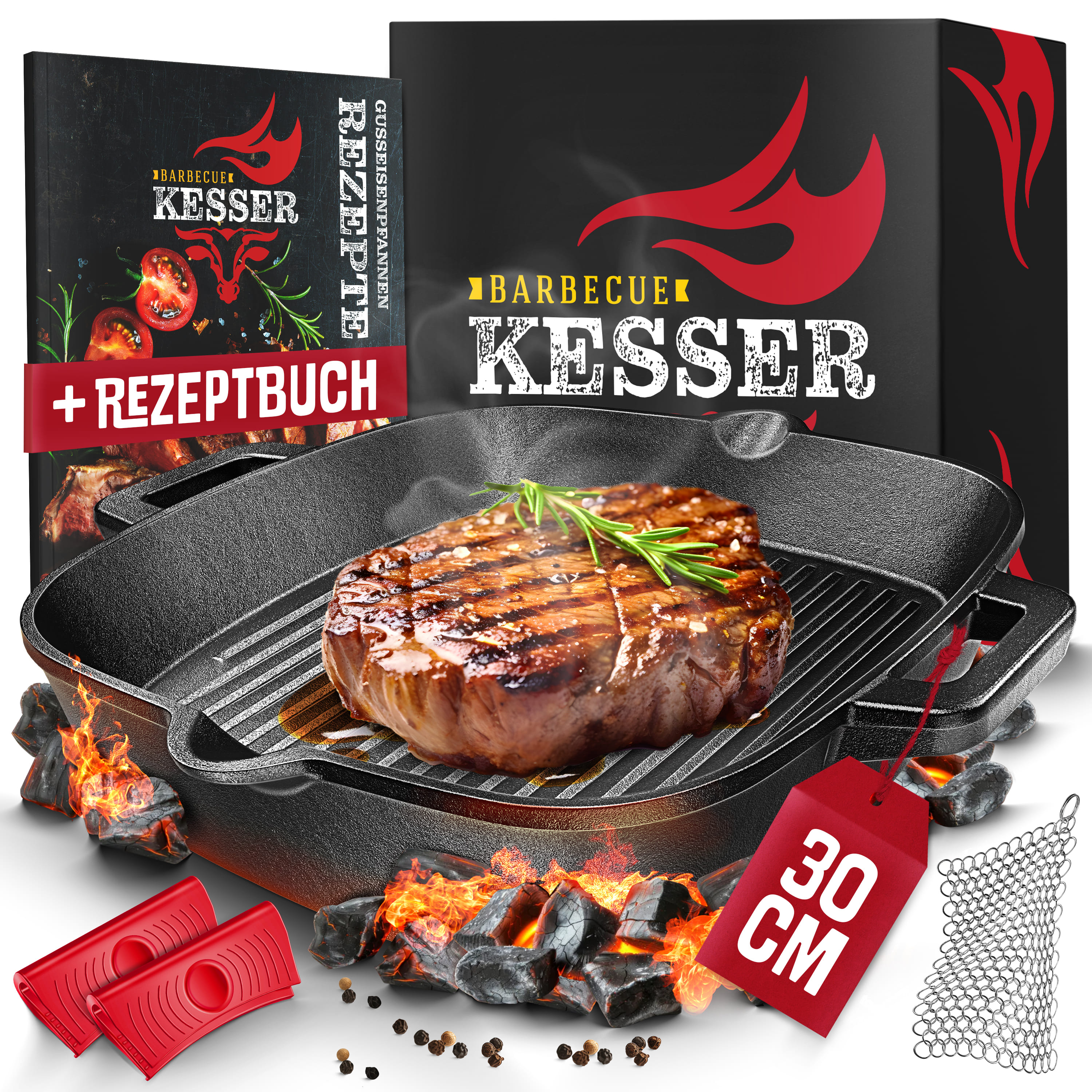 KESSER&reg; Gusseisenpfanne | Gusseisen Bratpfanne Induktion | Cast Iron Pan f&uuml;r Gasgrill, Backofen, Kohlegrill | Steakpfanne voreingebrannt | Inkl. Schutzgriffe, Rezeptbuch und Ringreiniger 