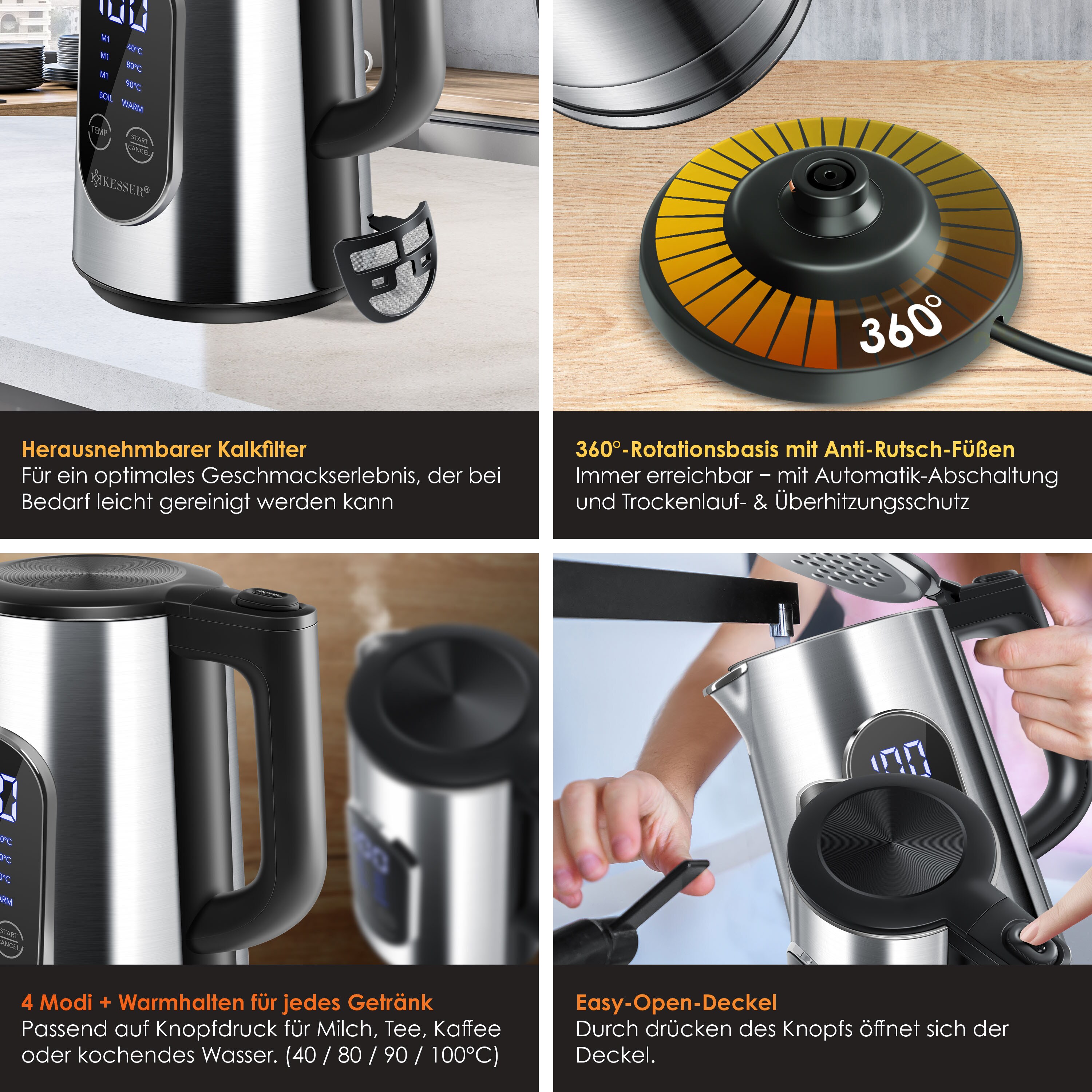 KESSER® Wasserkocher Edelstahl 1.7 Liter | LED-Anzeige | 4-Modi Temperatureinstellung 40°C-100°C | 30min Warmhalten