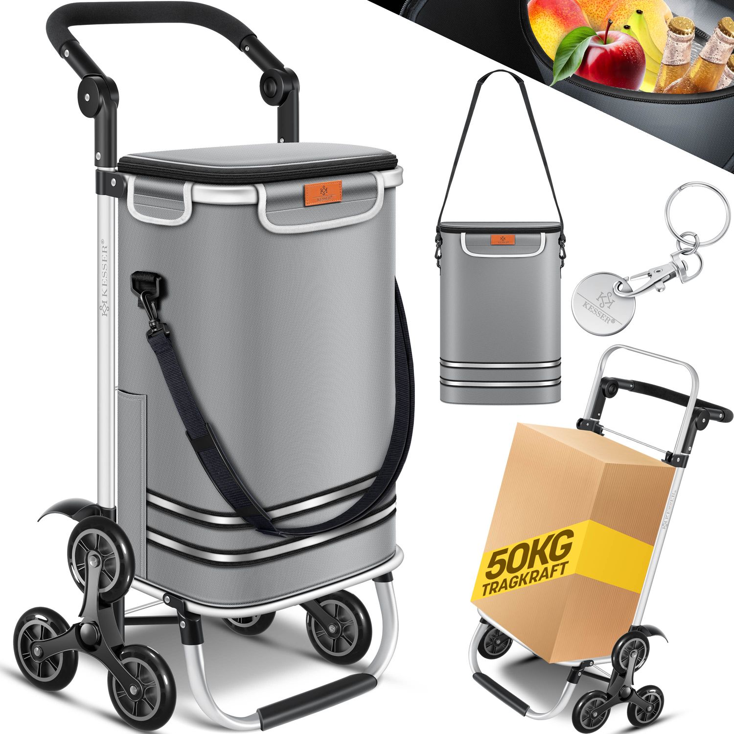 KESSER&reg; Einkaufstrolley Treppensteiger mit K&uuml;hlfach klappbar mit 56L Kapazit&auml;t und belastbar bis 50kg | 3in1 Trolley Sackkarre & Umh&auml;ngetasche | Faltbarer Einkaufswagen inkl. Einkaufschip 
