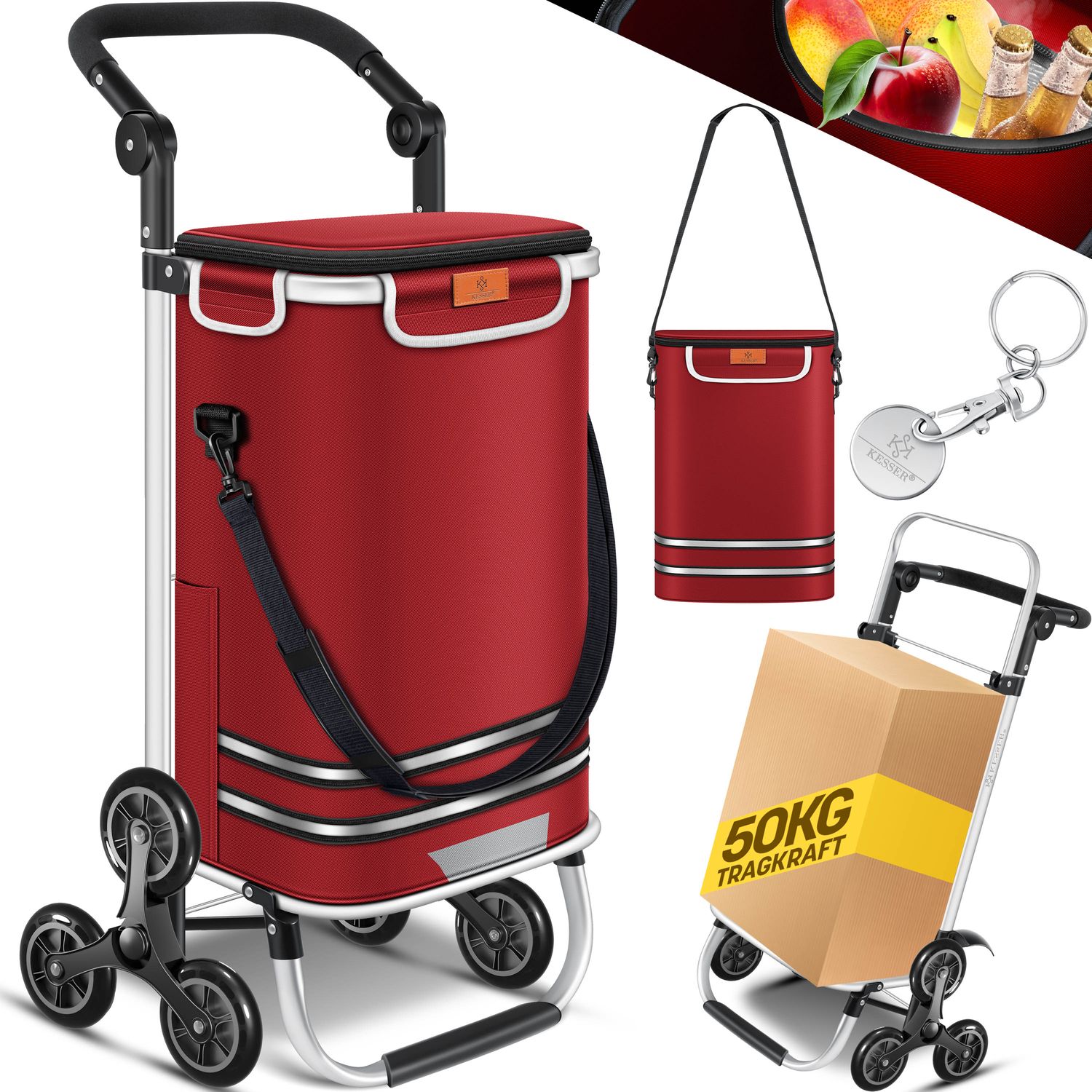 KESSER&reg; Einkaufstrolley Treppensteiger mit K&uuml;hlfach klappbar mit 56L Kapazit&auml;t und belastbar bis 50kg | 3in1 Trolley Sackkarre & Umh&auml;ngetasche | Faltbarer Einkaufswagen inkl. Einkaufschip 