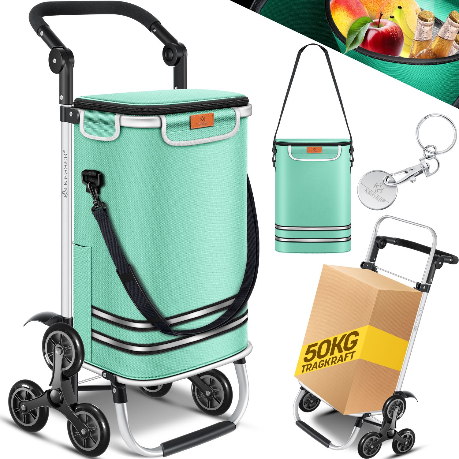 KESSER&reg; Einkaufstrolley Treppensteiger mit K&uuml;hlfach klappbar mit 56L Kapazit&auml;t und belastbar bis 50kg | 3in1 Trolley Sackkarre & Umh&auml;ngetasche | Faltbarer Einkaufswagen inkl. Einkaufschip 