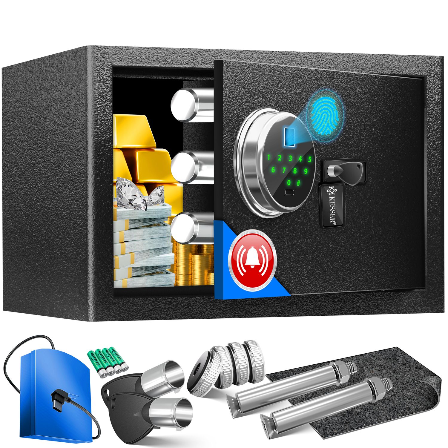 KESSER&reg; Elektr. Tresor mit Fingerabdruck & Schl&uuml;ssel | Inkl. Notfallakku | Elektronischer Safe | 3x Doppelbolzenverriegelung | Boden Wandtresor | M&ouml;beltresor | Panzerschrank Zahlenschloss 