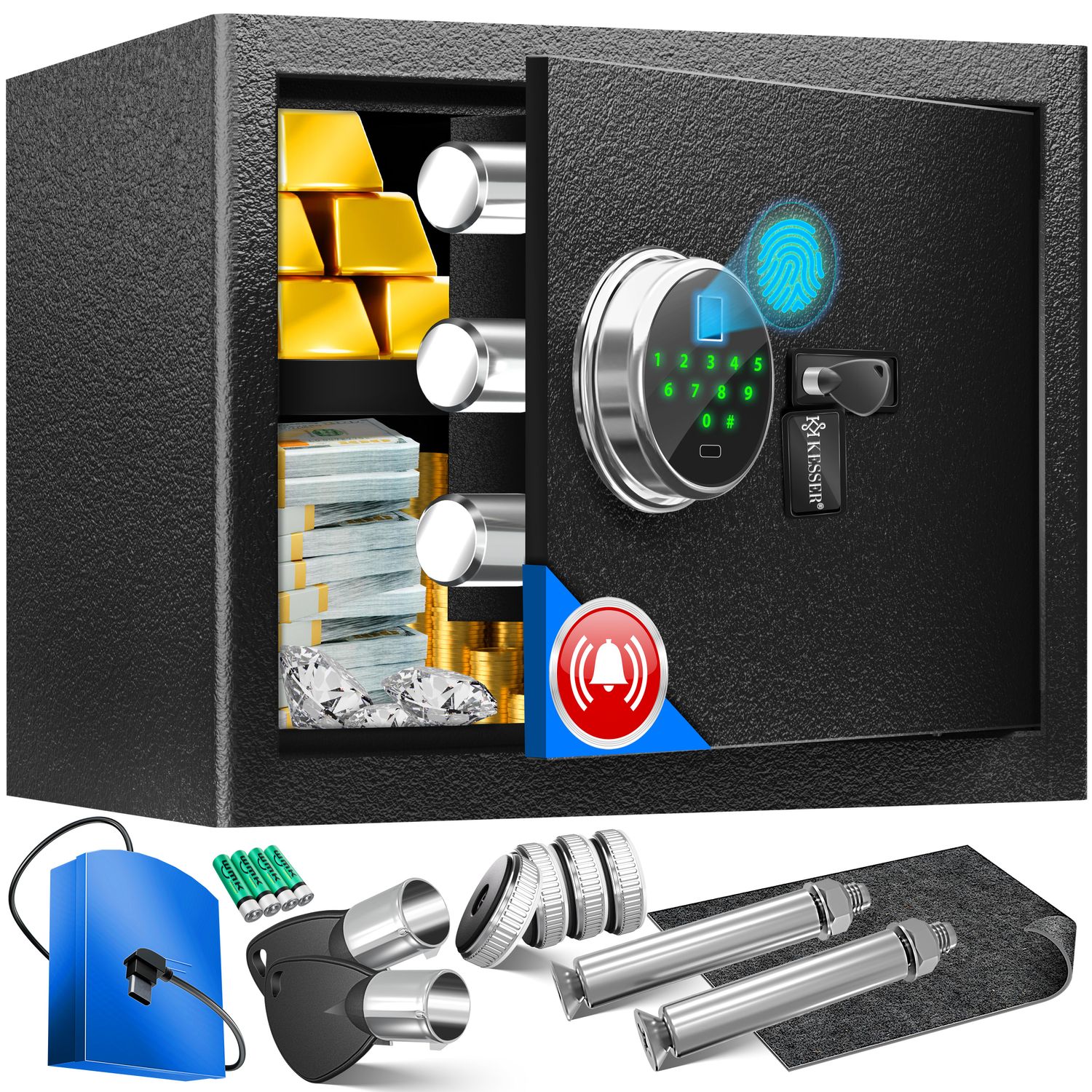 KESSER&reg; Elektr. Tresor mit Fingerabdruck & Schl&uuml;ssel | Inkl. Notfallakku | Elektronischer Safe | 3x Doppelbolzenverriegelung | Boden Wandtresor | M&ouml;beltresor | Panzerschrank Zahlenschloss 